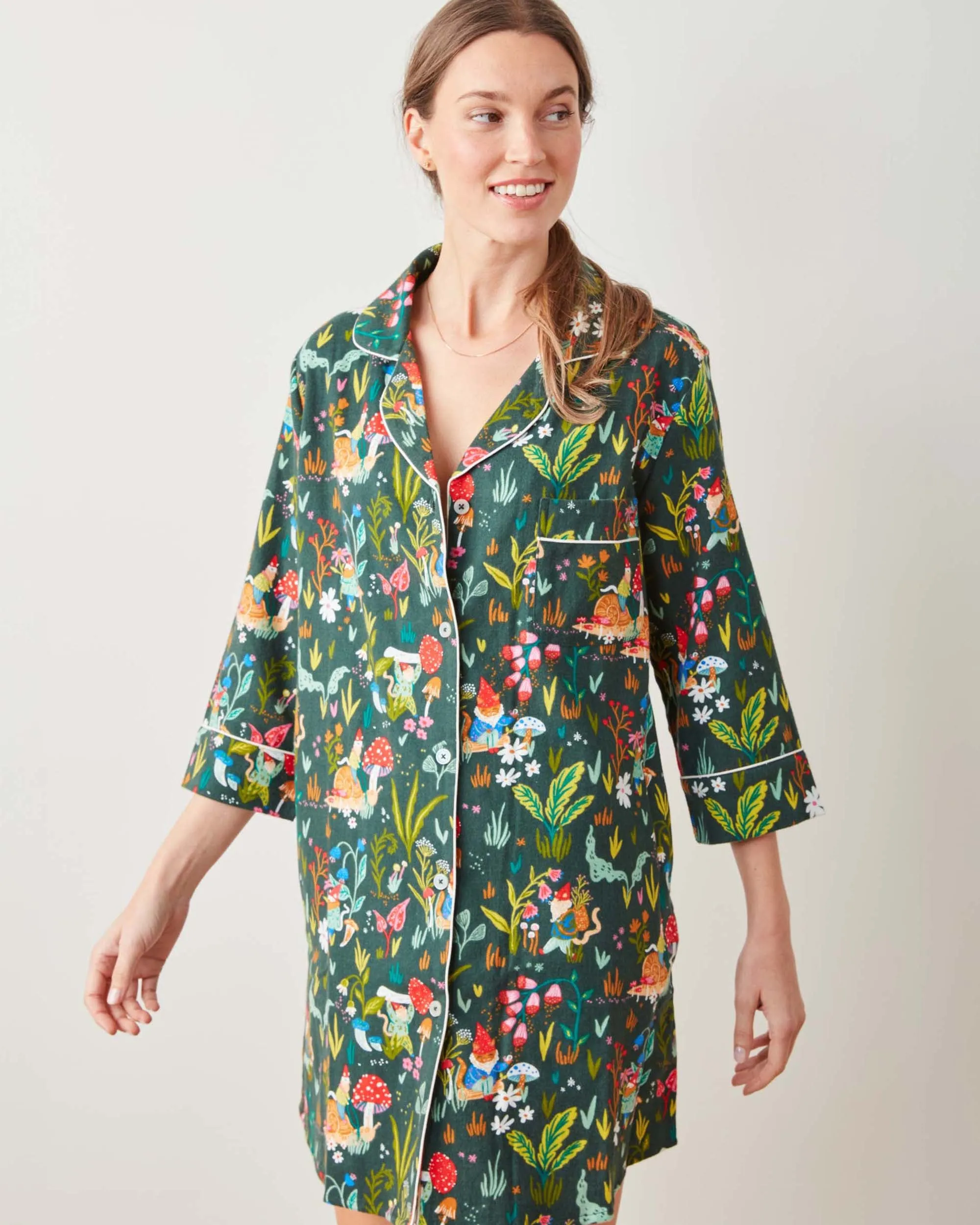 Gnome Garden - Midweight Flannel Sleep Shirt - Olive Tree sold by Printfresh product image thumbnail 5