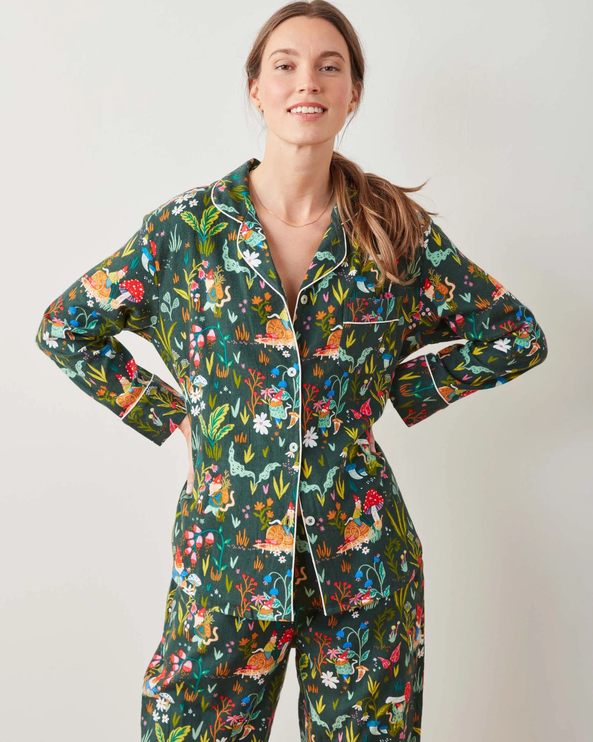 Gnome Garden - Midweight Flannel Long PJ Set - Olive Tree sold by Printfresh product image thumbnail 2