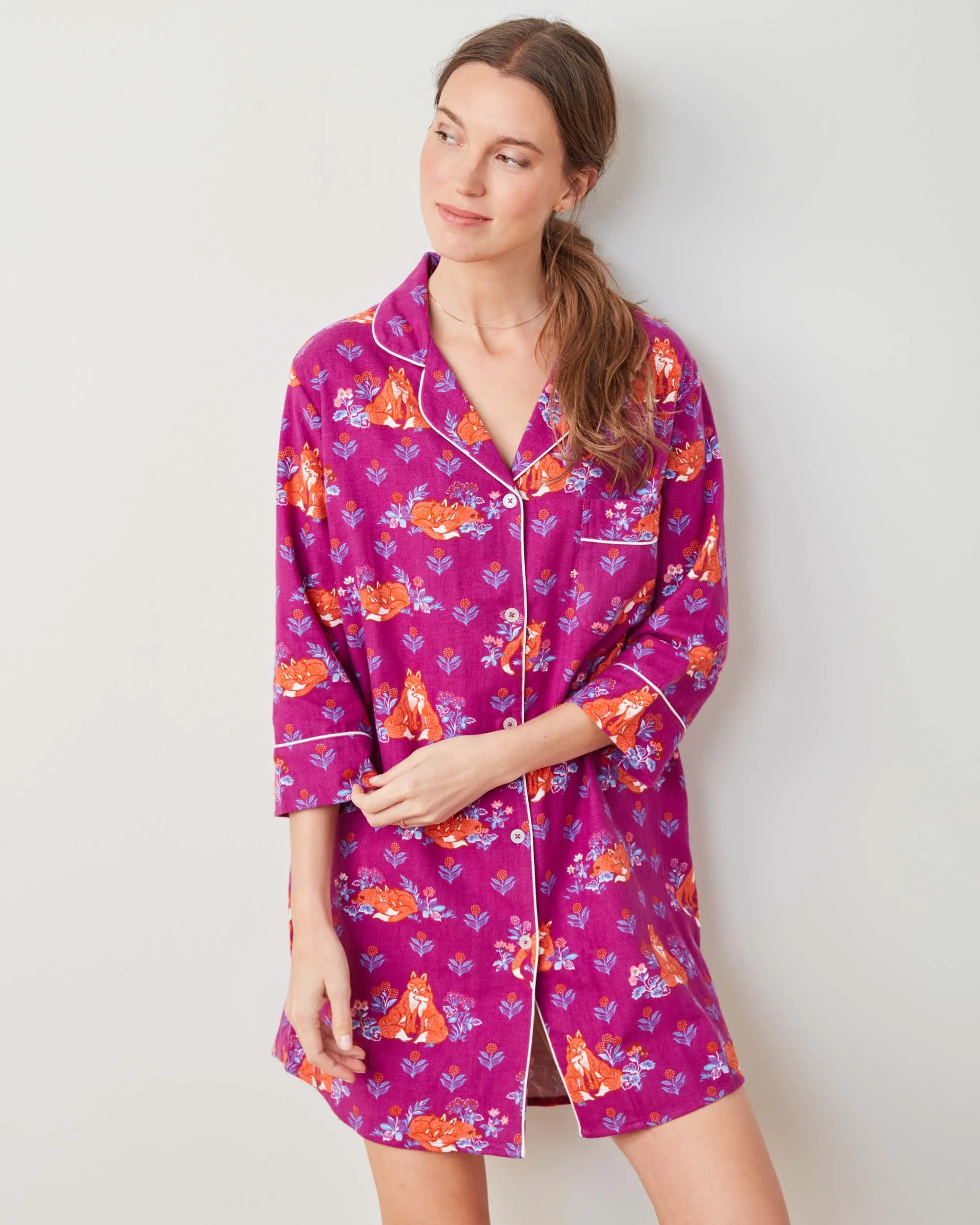 Fox Friends - Midweight Flannel Sleep Shirt - Merlot sold by Printfresh product image thumbnail 3