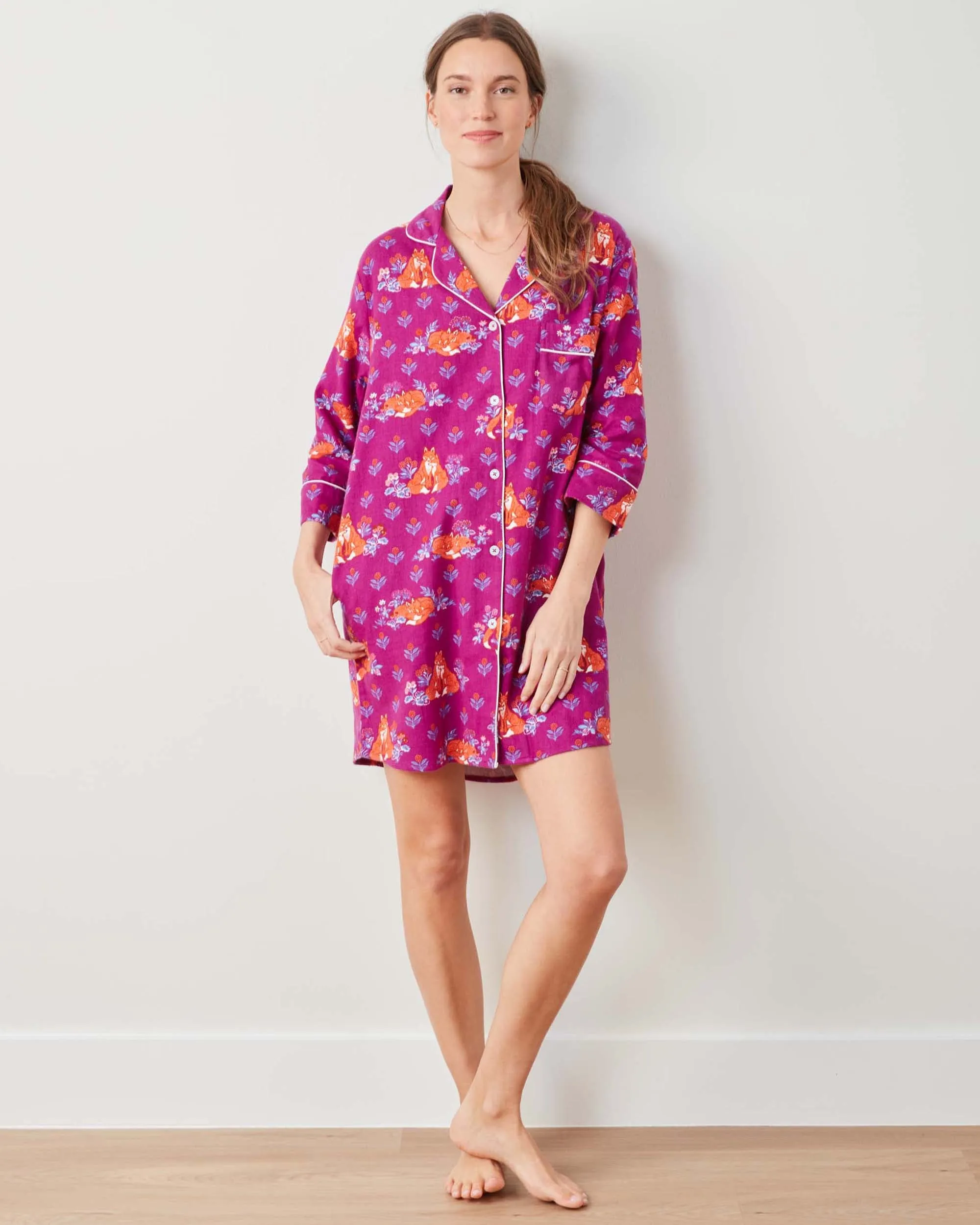 Fox Friends - Midweight Flannel Sleep Shirt - Merlot sold by Printfresh product image thumbnail 5