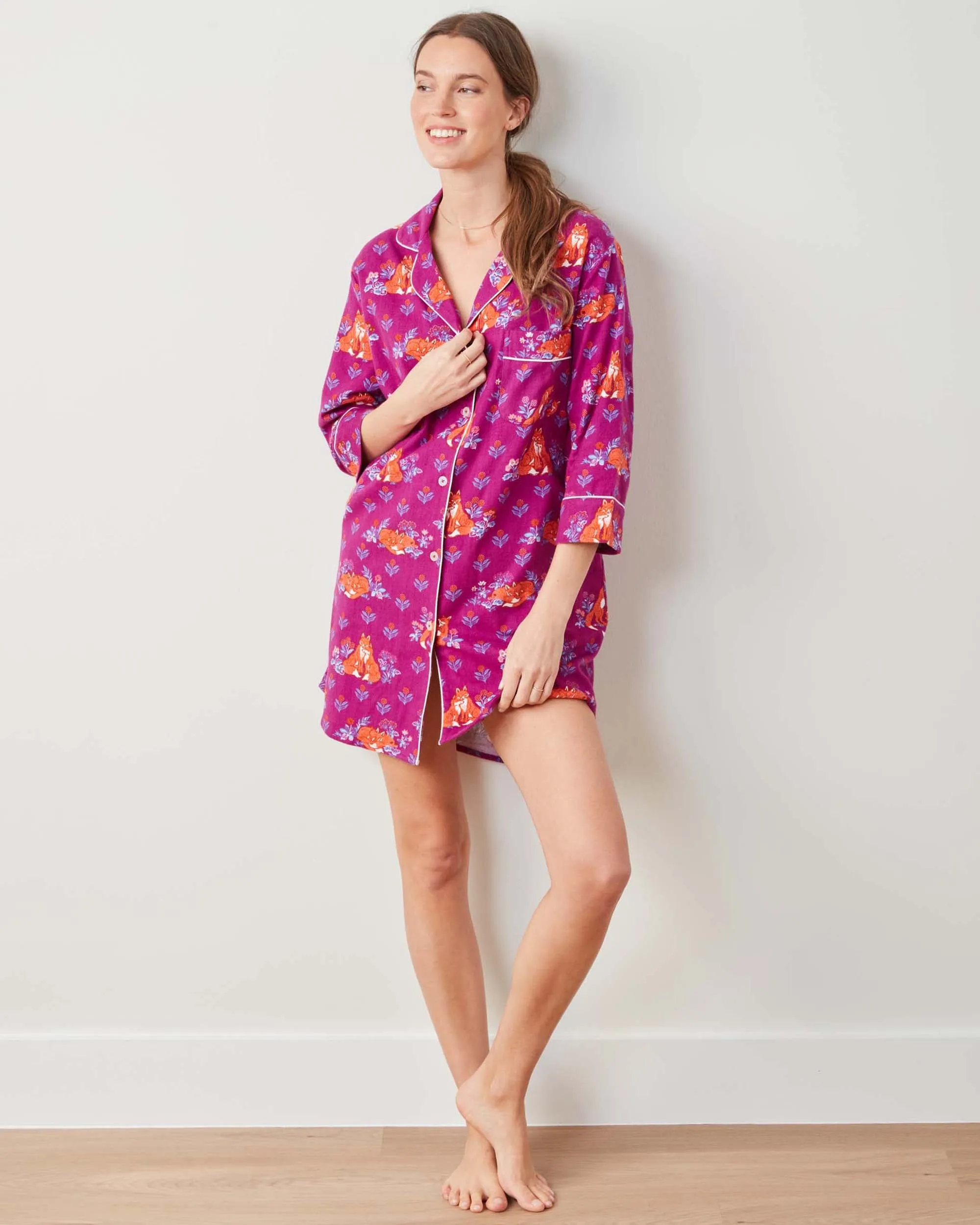 Fox Friends - Midweight Flannel Sleep Shirt - Merlot sold by Printfresh product image thumbnail 2