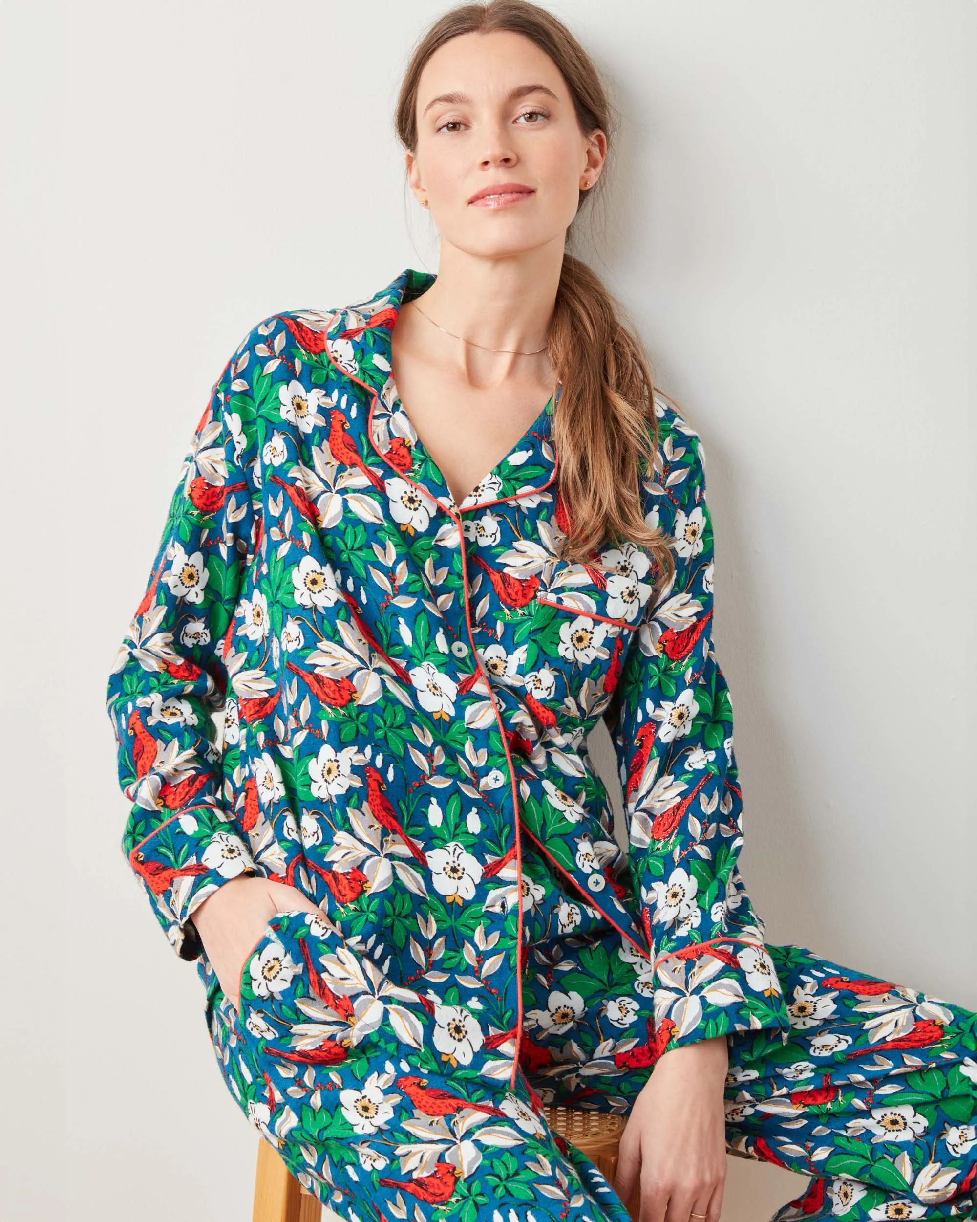 Treetop Cardinals - Midweight Flannel Long PJ Set - Navy sold by Printfresh