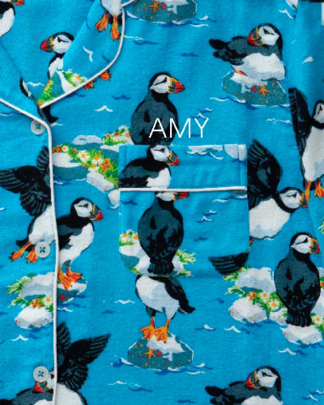Playful Puffins - Midweight Flannel Long PJ Set - Bright Blue sold by Printfresh