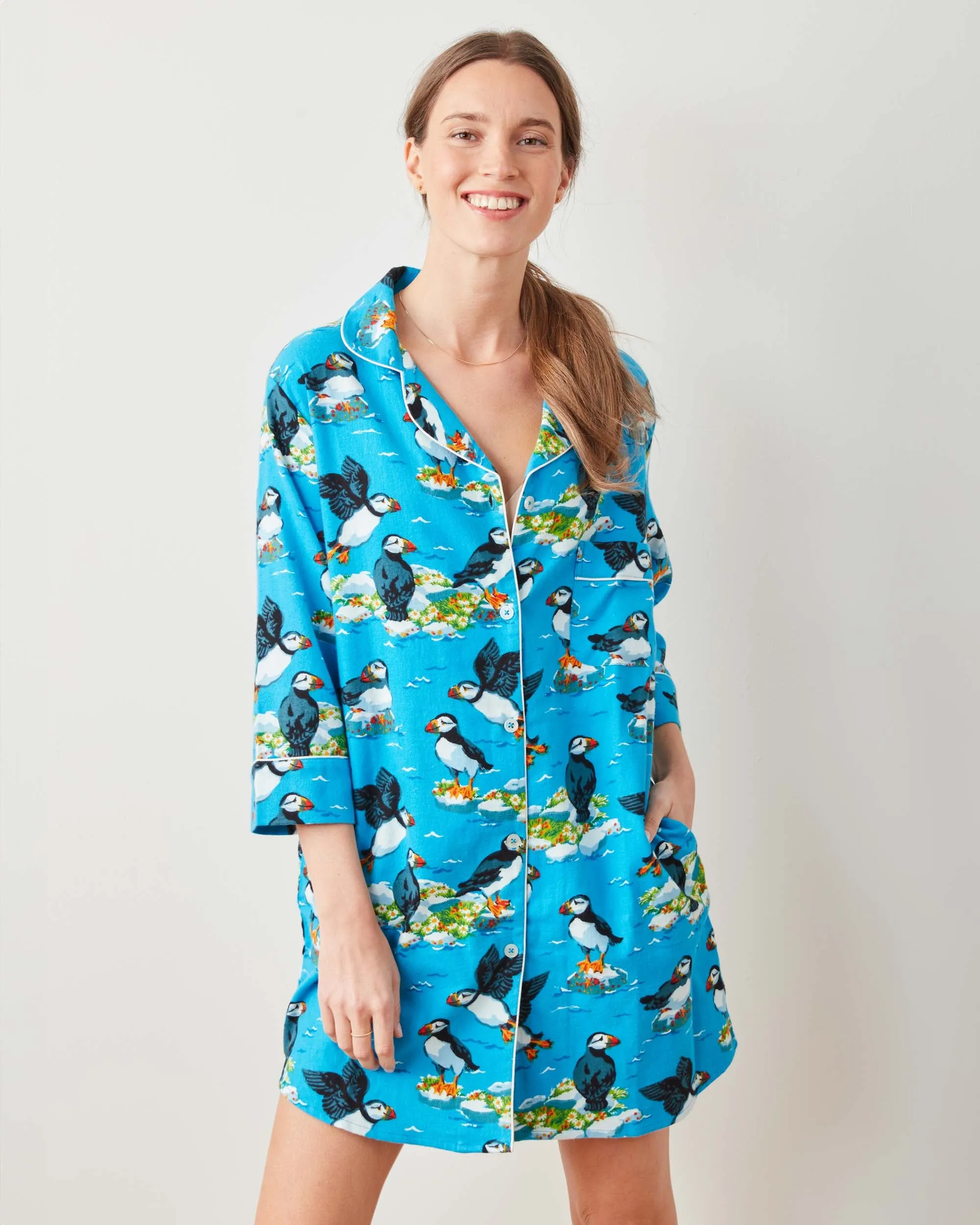 Playful Puffins - Midweight Flannel Sleep Shirt - Bright Blue sold by Printfresh product image thumbnail 5