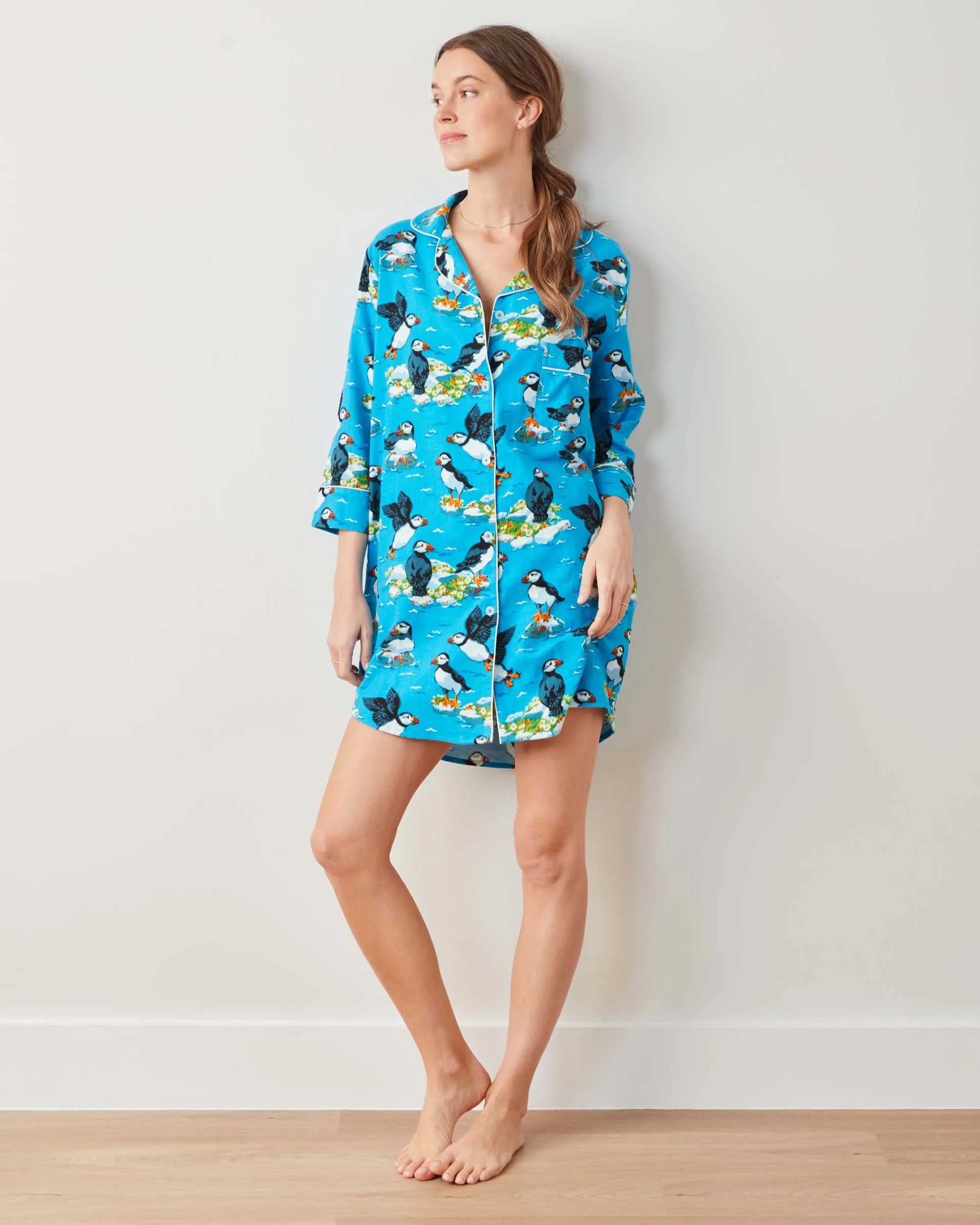 Playful Puffins - Midweight Flannel Sleep Shirt - Bright Blue sold by Printfresh product image thumbnail 2