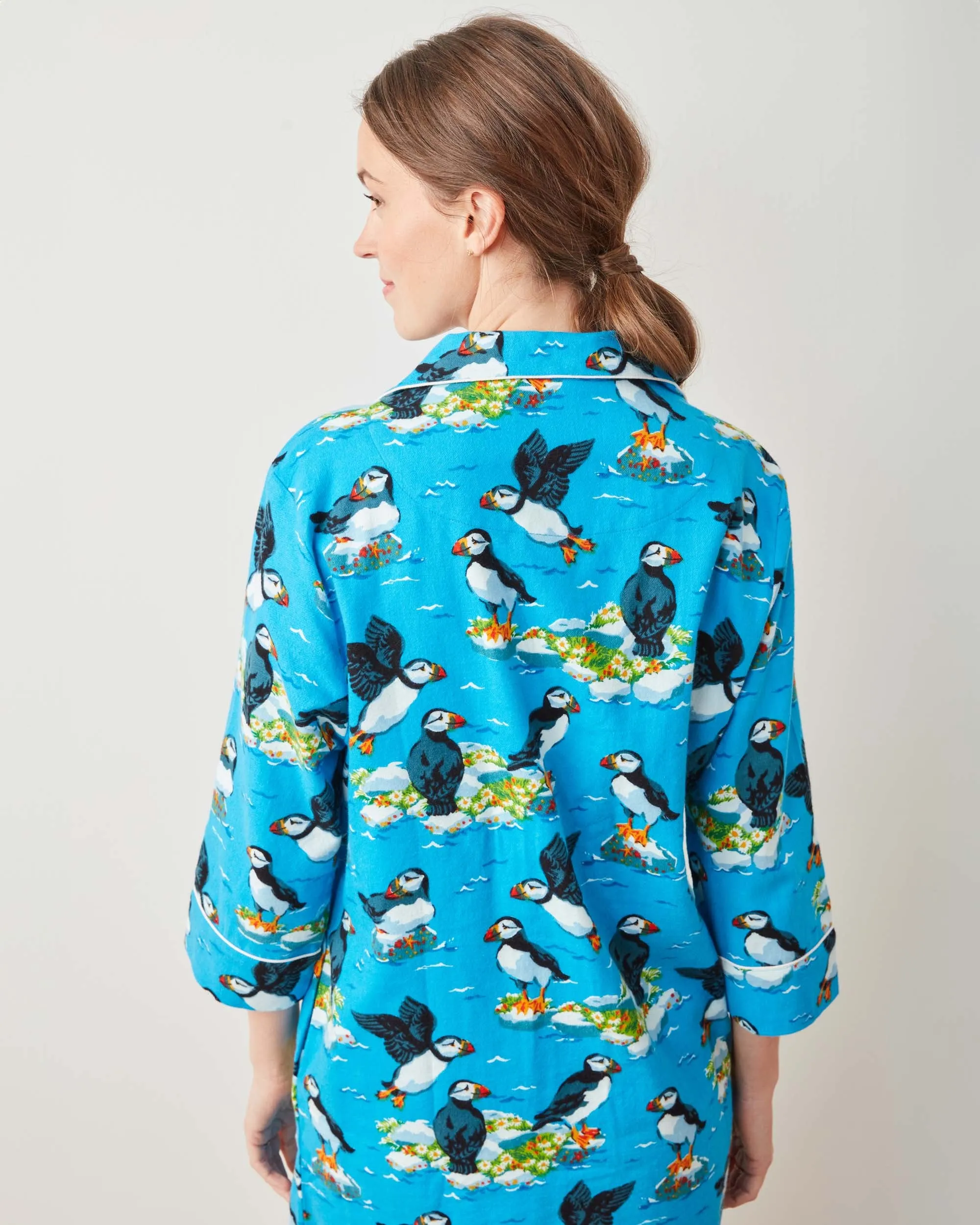 Playful Puffins - Midweight Flannel Sleep Shirt - Bright Blue sold by Printfresh product image thumbnail 3
