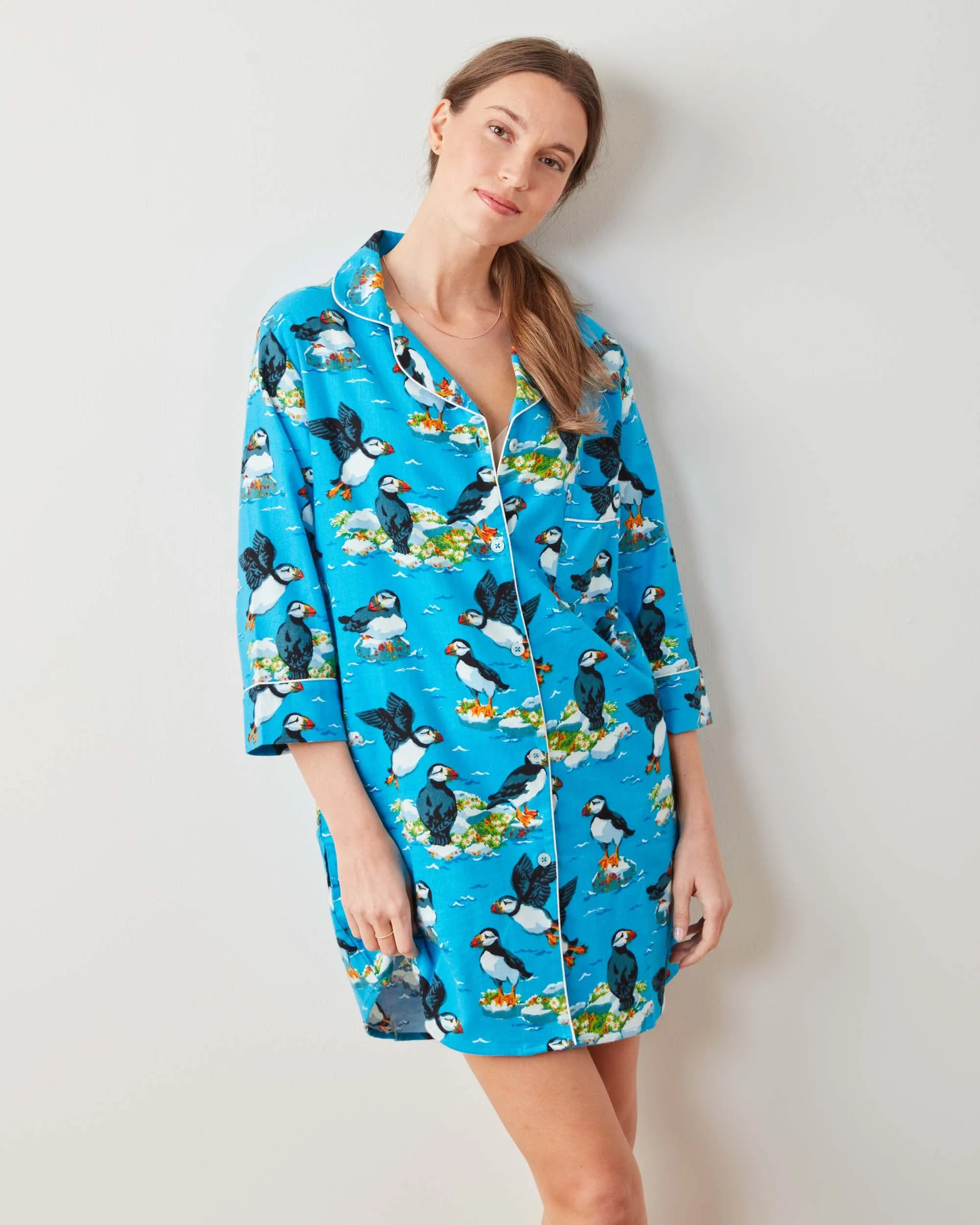 Playful Puffins - Midweight Flannel Sleep Shirt - Bright Blue sold by Printfresh product image thumbnail 4