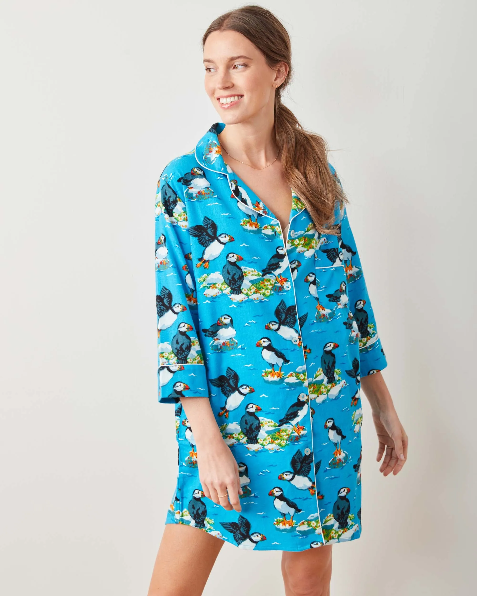 Playful Puffins - Midweight Flannel Sleep Shirt - Bright Blue sold by Printfresh