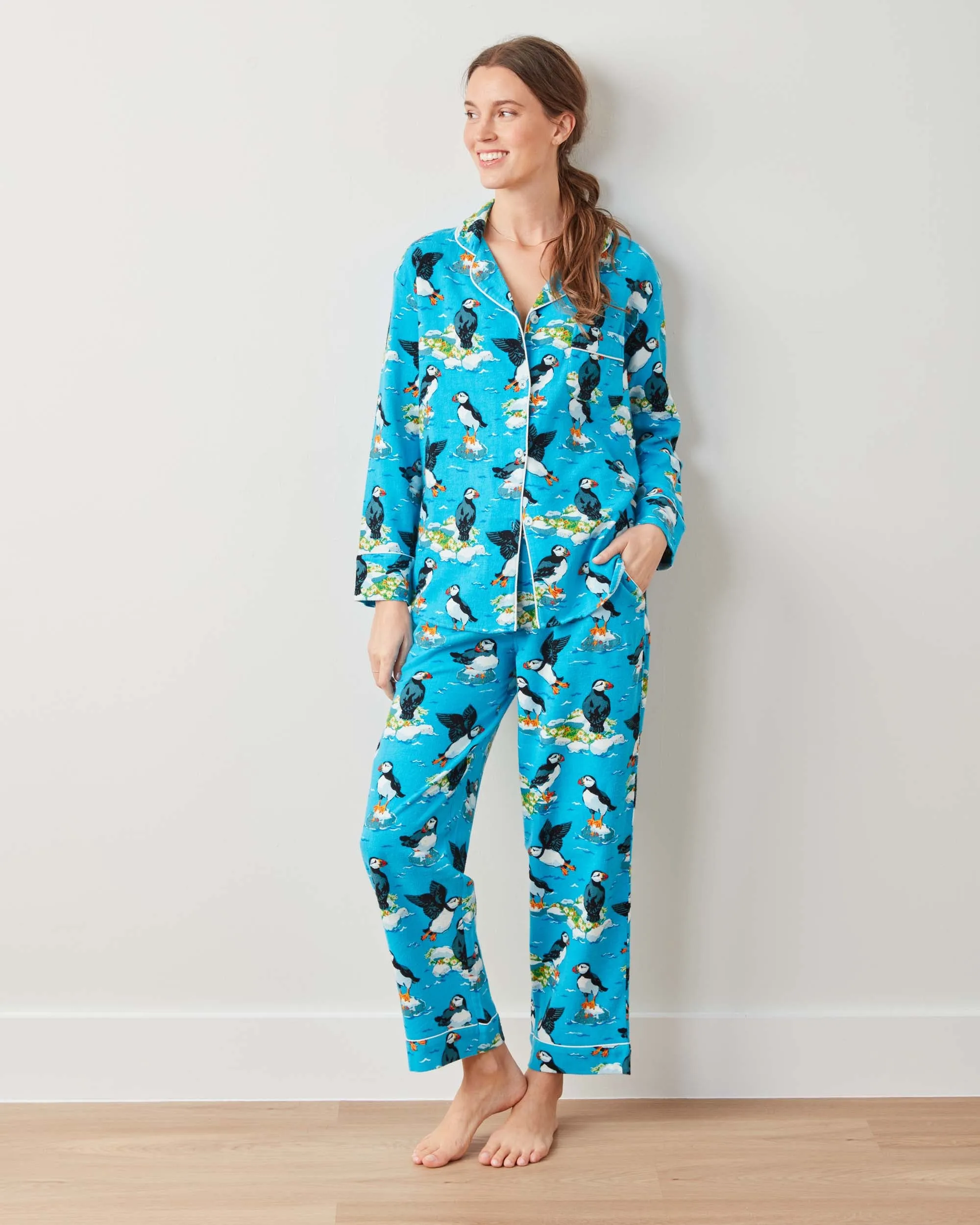Playful Puffins - Midweight Flannel Long PJ Set - Bright Blue sold by Printfresh product image thumbnail 3