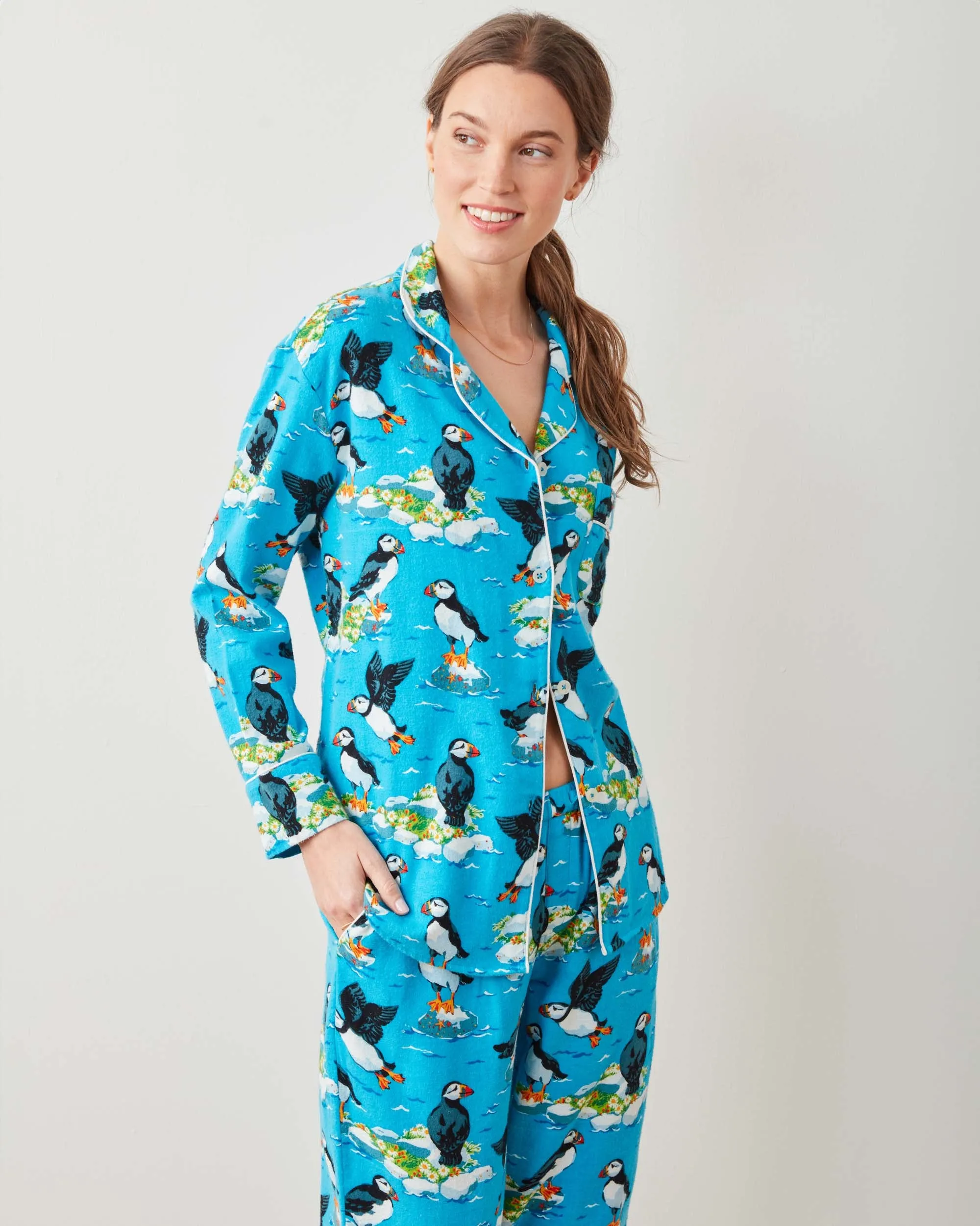 Playful Puffins - Midweight Flannel Long PJ Set - Bright Blue sold by Printfresh product image thumbnail 5