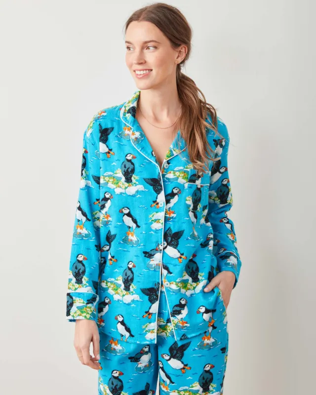 Playful Puffins - Midweight Flannel Long PJ Set - Bright Blue sold by Printfresh