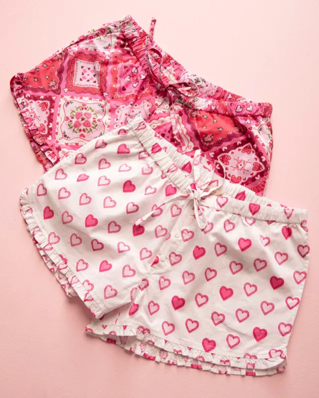 Candy Hearts & Vintage Valentine - Ruffle Shorts - Pale Pink/Mailbox Pink sold by Printfresh