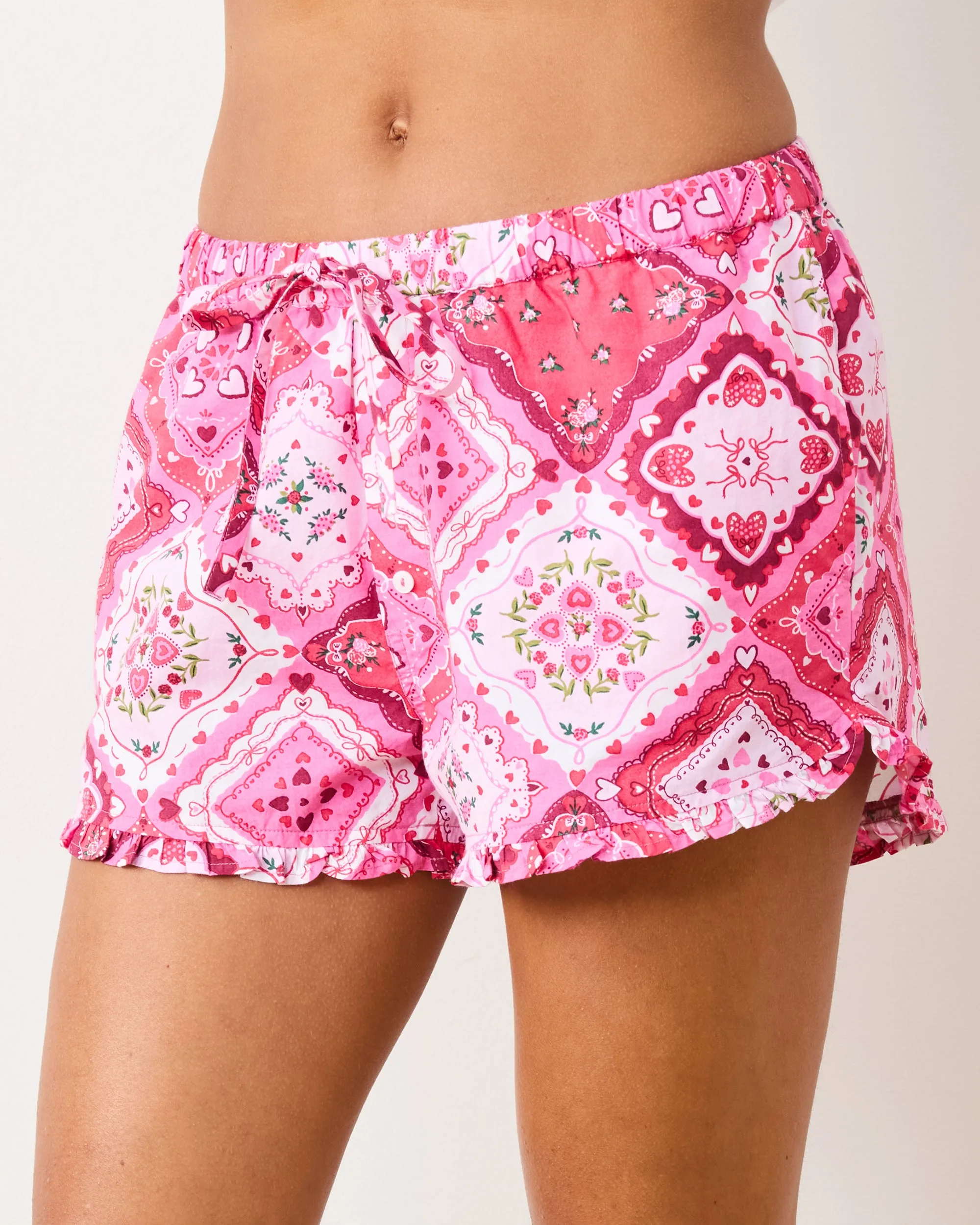 Candy Hearts & Vintage Valentine - Ruffle Shorts - Pale Pink/Mailbox Pink sold by Printfresh product image thumbnail 3