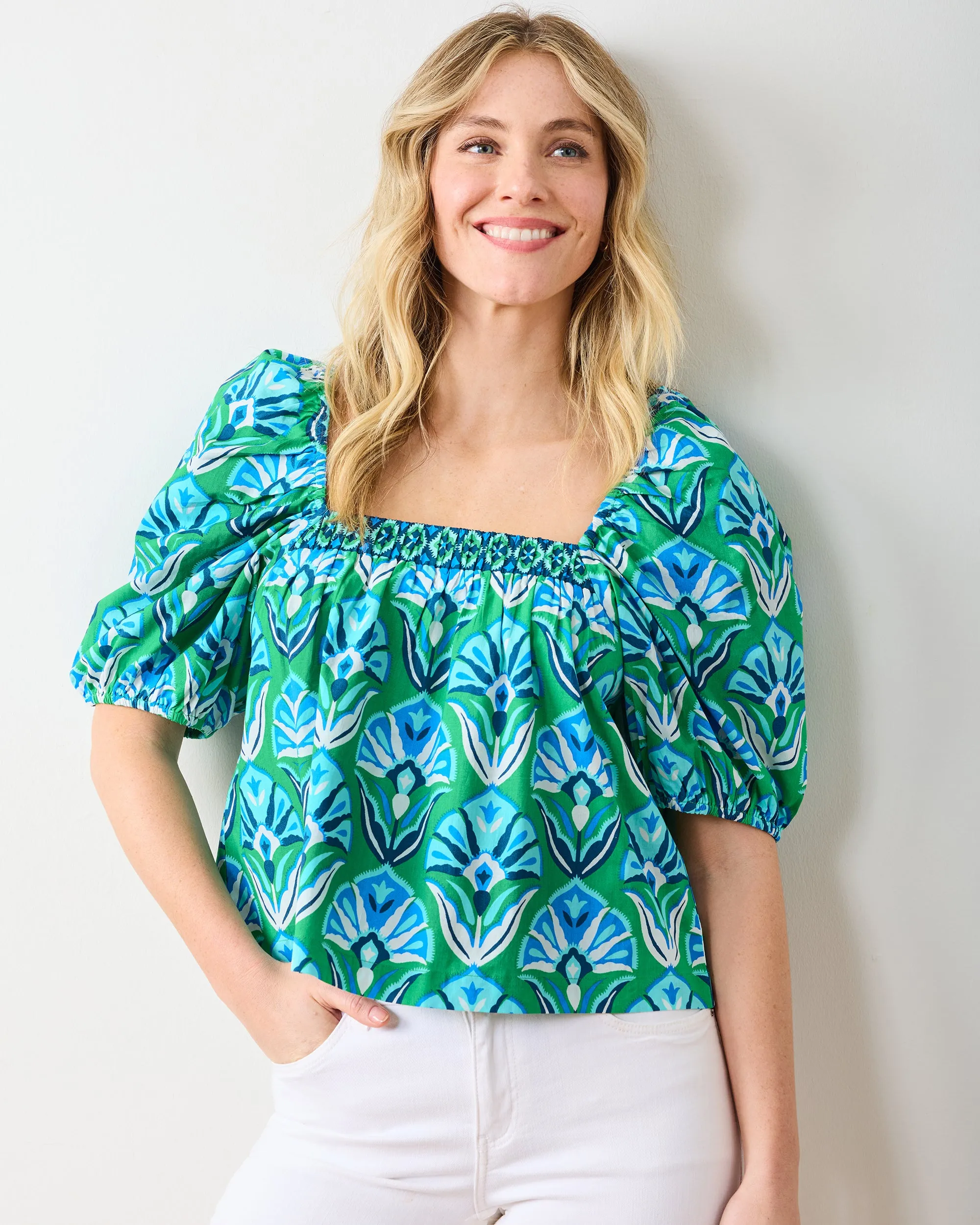 Geo Floral - Margot Blouse - Green Juice sold by Printfresh