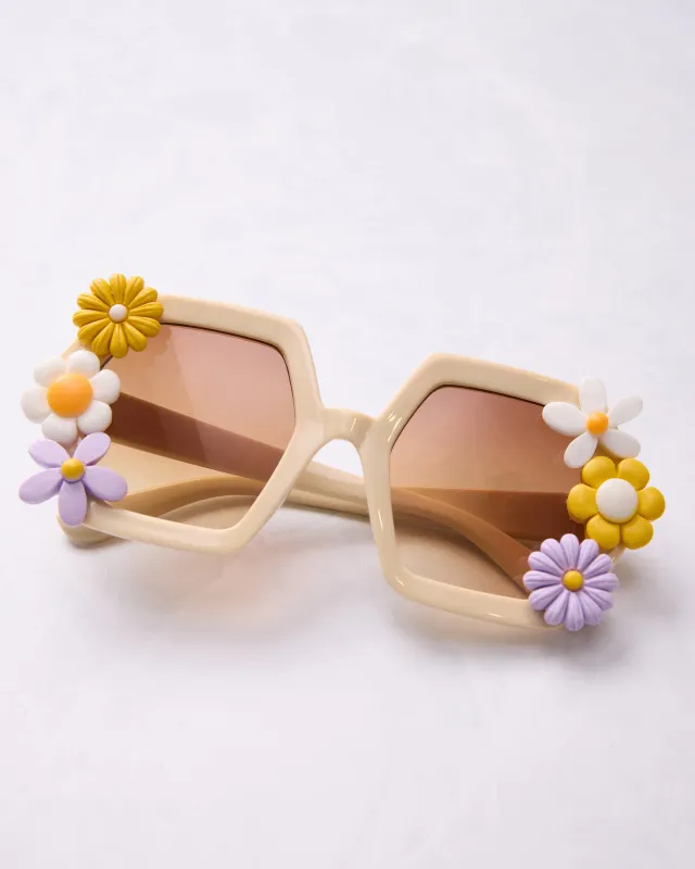 White - Flower Power Women's Retro Sunglasses - Glitter Biscuits sold by Printfresh