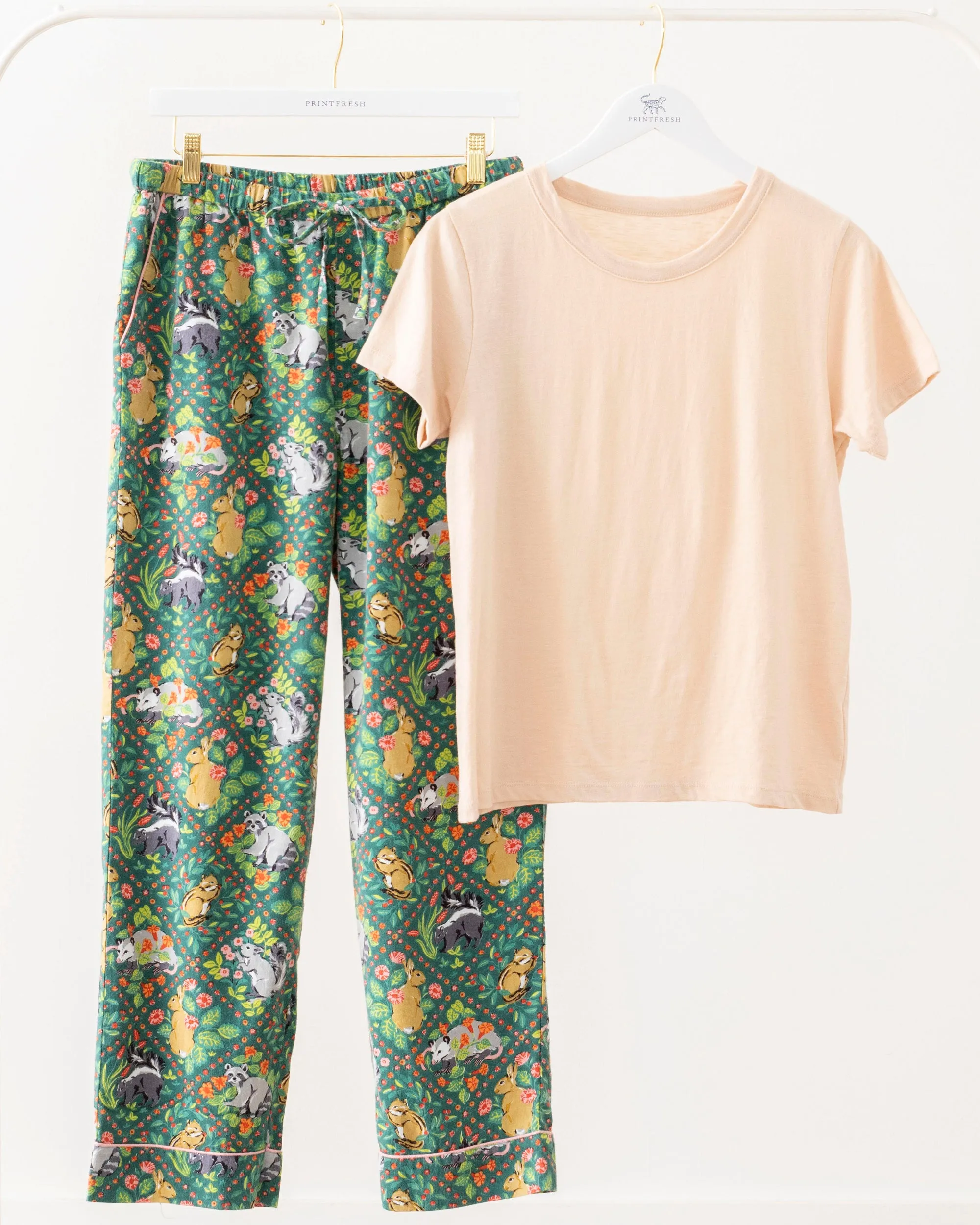 Woodland Critters - T-Shirt & Lightweight Flannel PJ Pants Set - Fern sold by Printfresh