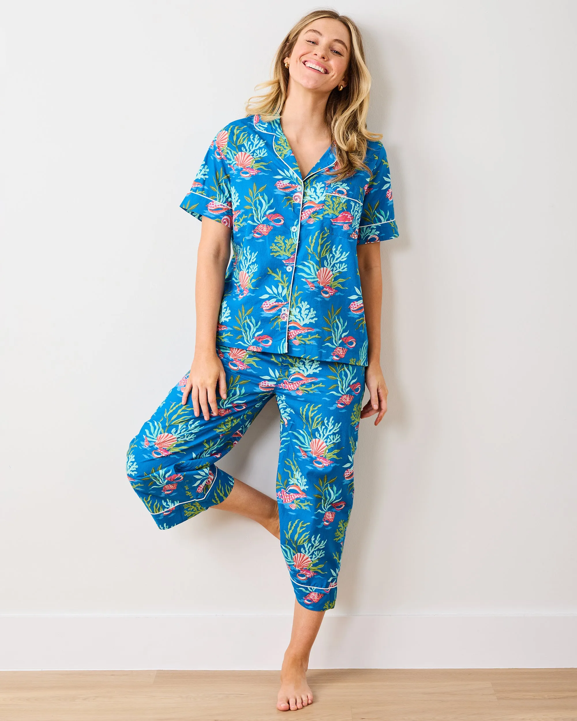 Coral & Conch - Short Sleeve Top & Cropped Pants Set - Ocean Breeze sold by Printfresh