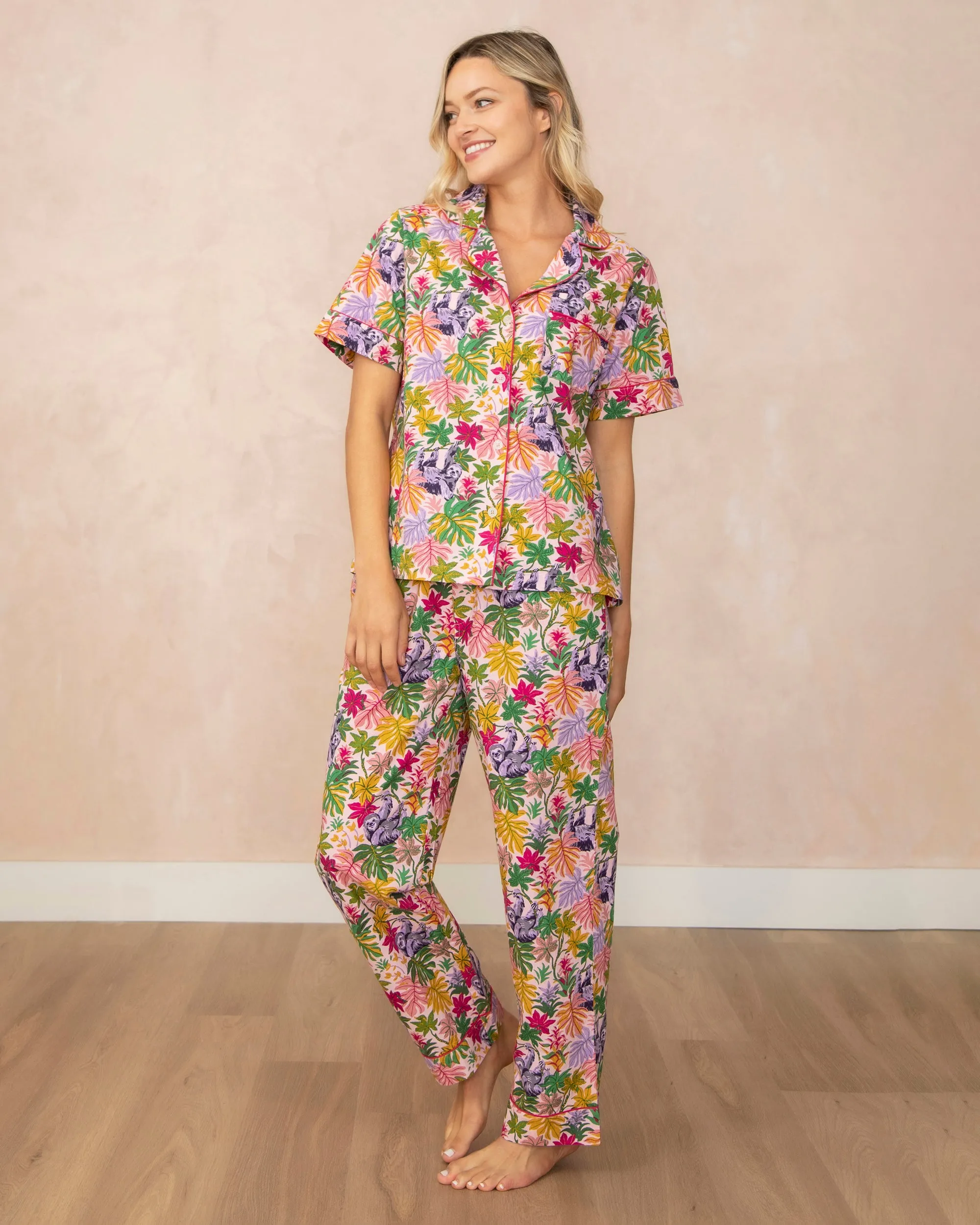 Snoozing Sloths - Short Sleep Top & Long Pants Set - Rose sold by Printfresh product image thumbnail 3