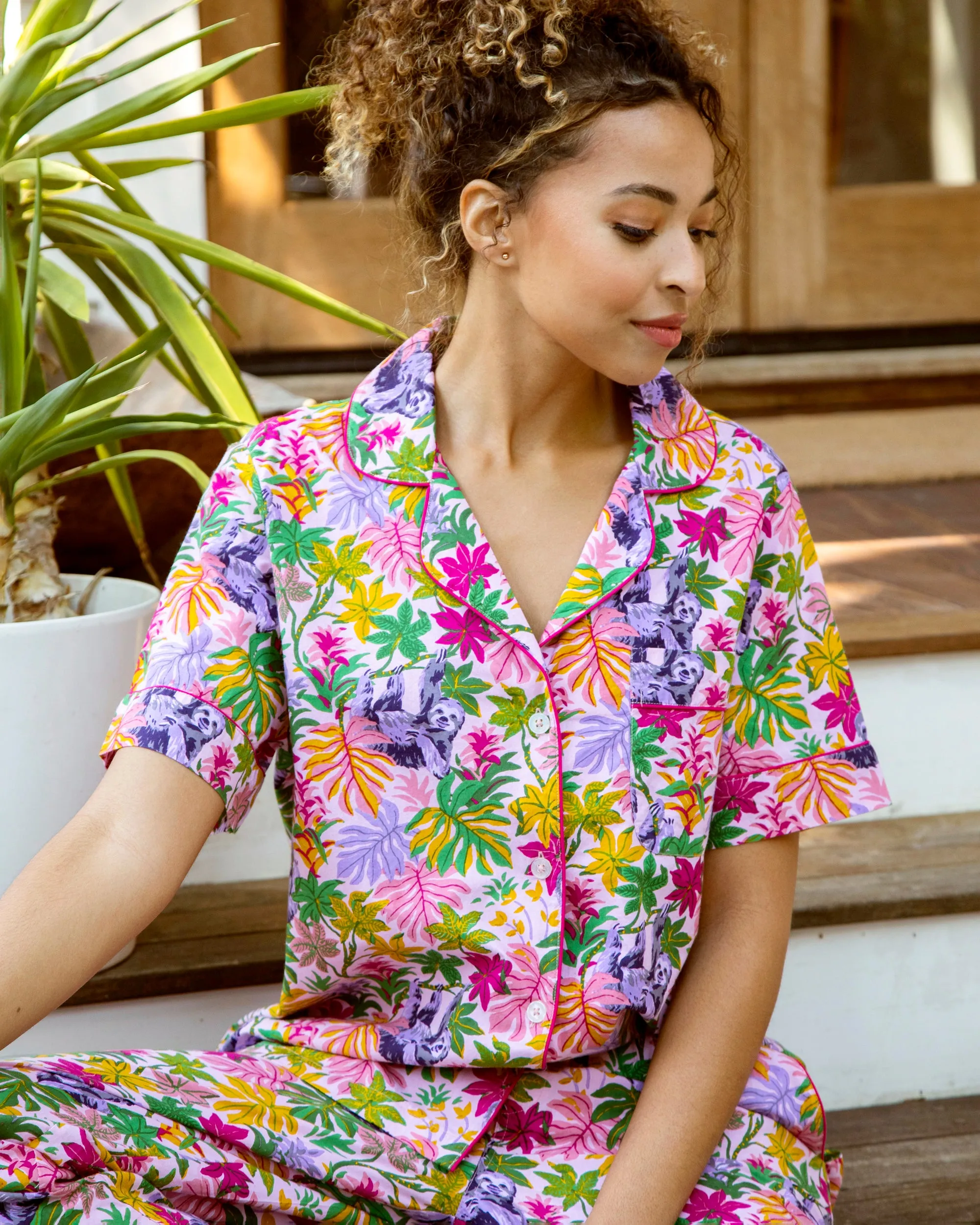 Snoozing Sloths - Short Sleep Top & Long Pants Set - Rose sold by Printfresh