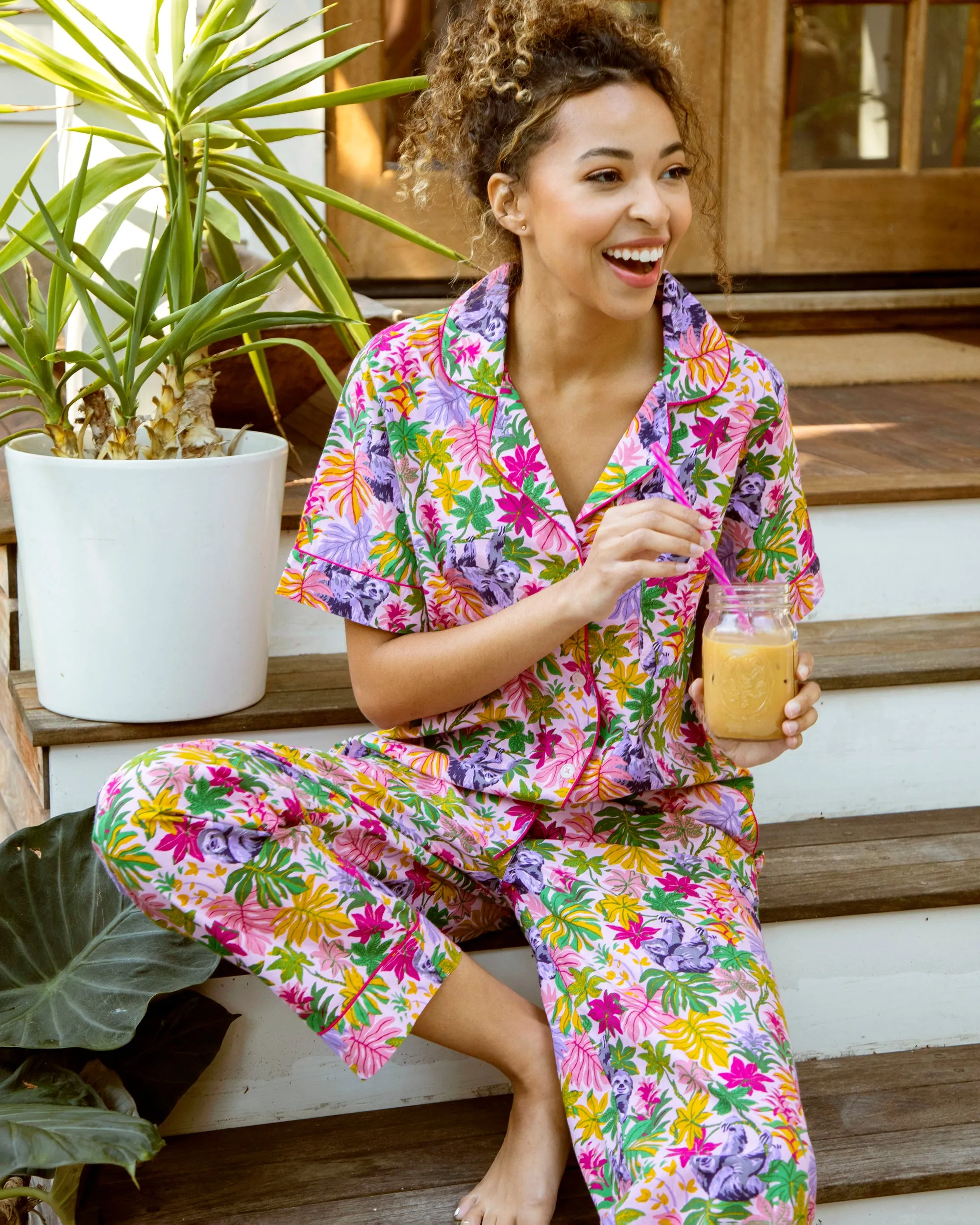 Snoozing Sloths - Short Sleep Top & Long Pants Set - Rose sold by Printfresh product image thumbnail 4