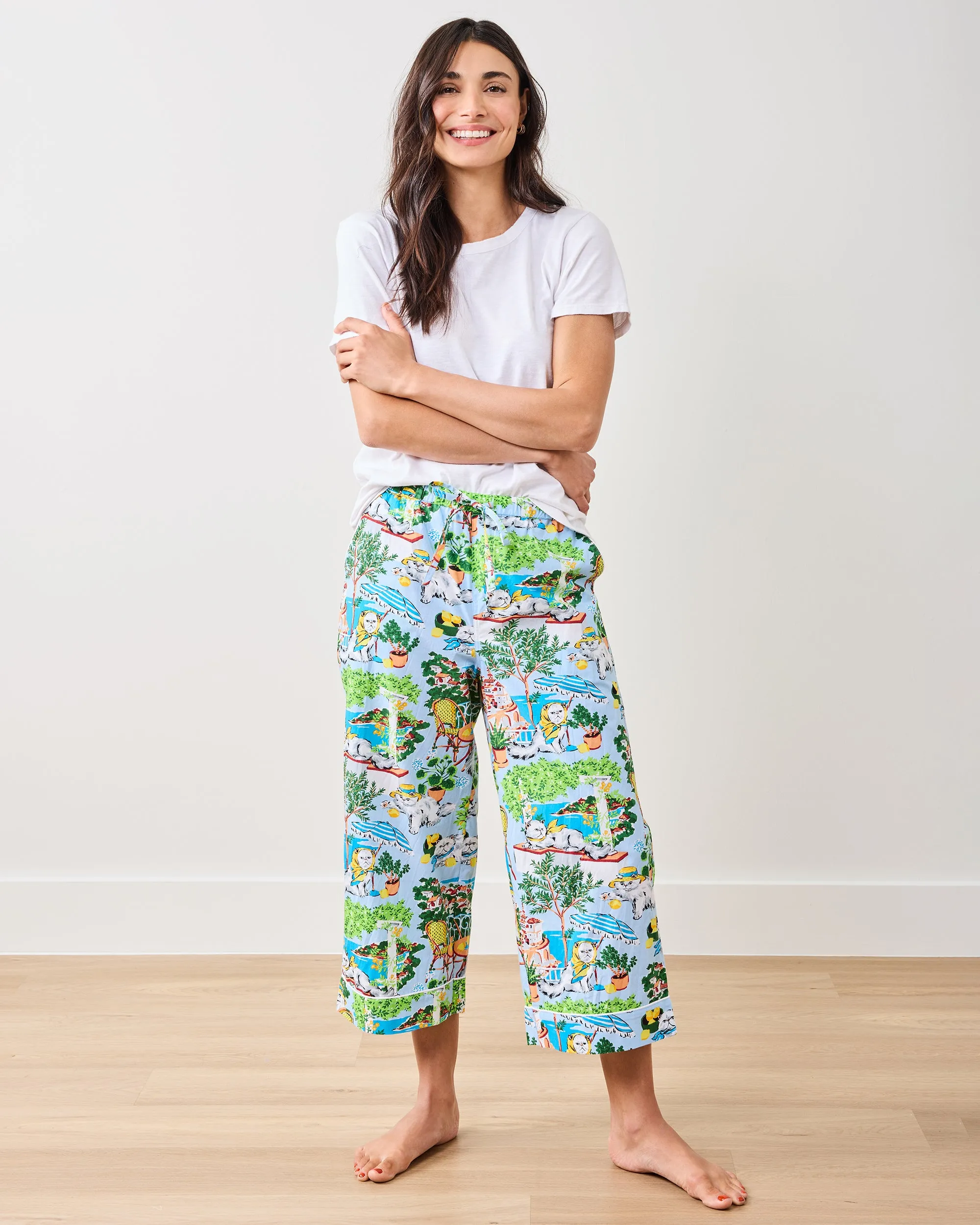 Mediterranean Meow - Cropped PJ Pants - Amalfi Blue sold by Printfresh product image thumbnail 2