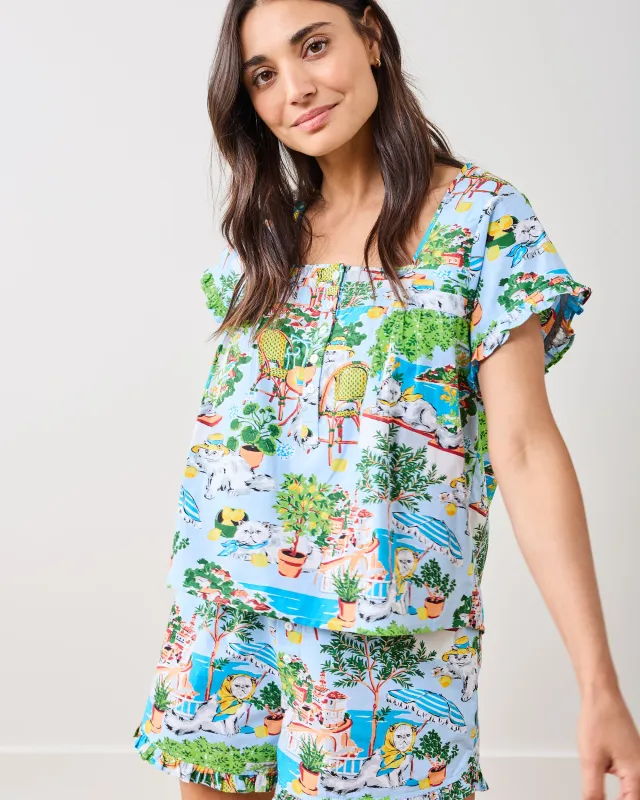 Mediterranean Meow - Pintuck Short Set - Amalfi Blue sold by Printfresh