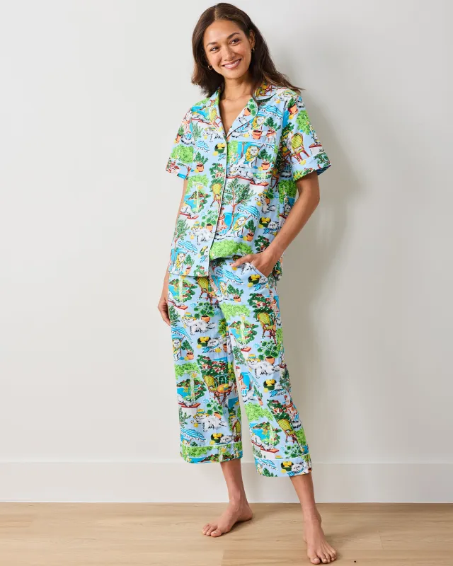 Mediterranean Meow - Short Sleeve Top & Cropped Pants Set - Amalfi Blue sold by Printfresh