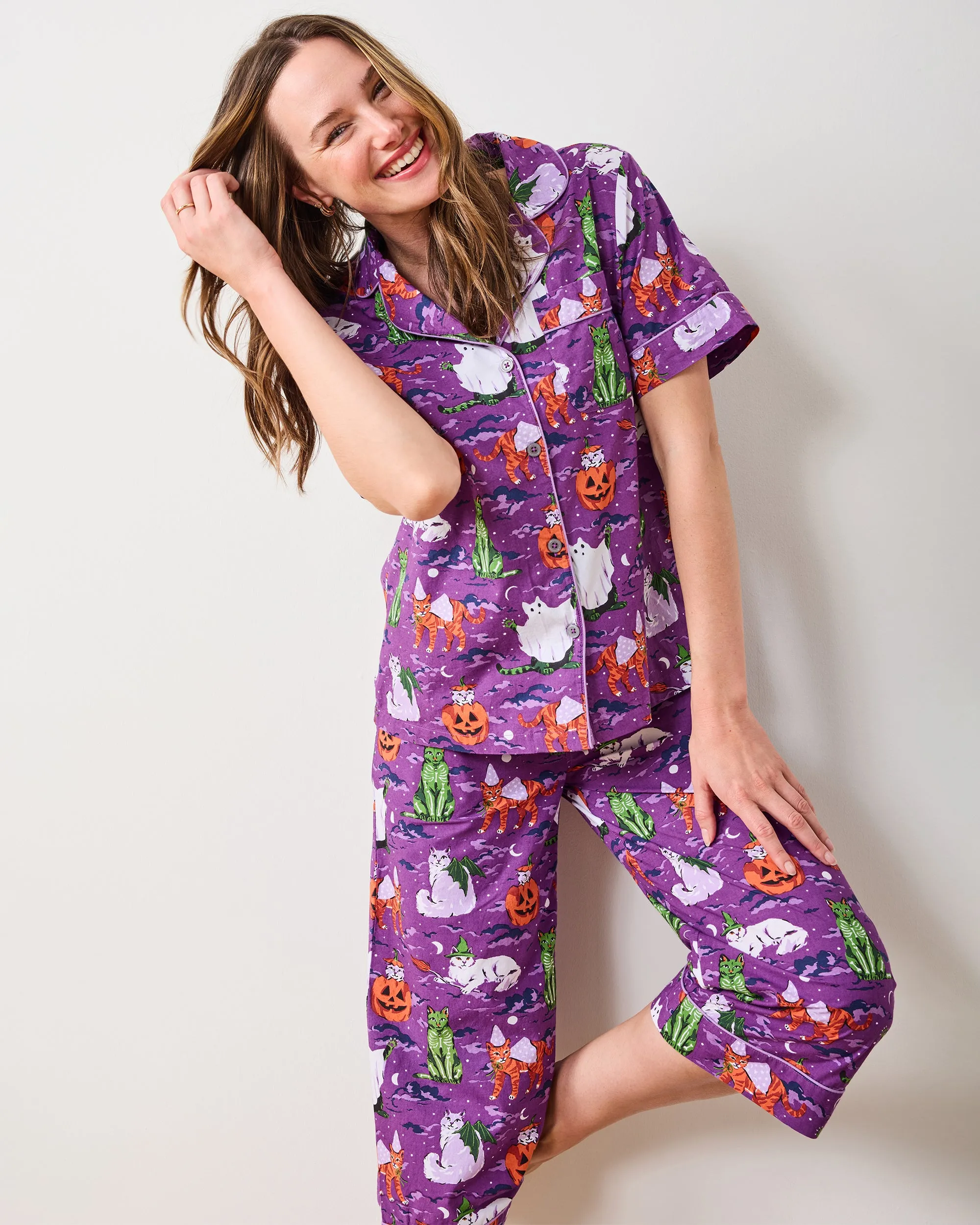 Halloween House Cats - Short Sleeve Top & Cropped Pants Set - Purple Tonic sold by Printfresh product image thumbnail 2