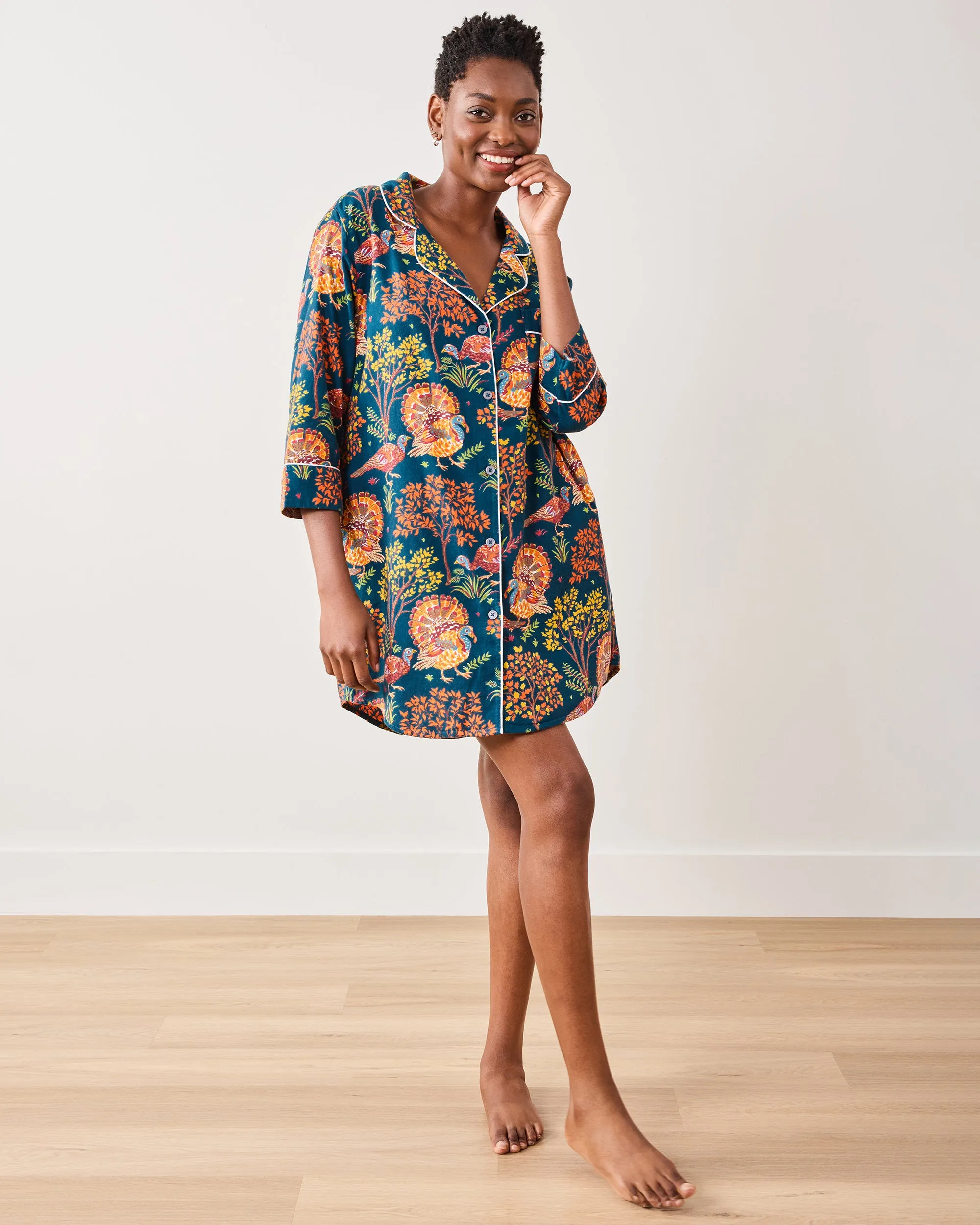 Turkey Trot - Lightweight Flannel Sleep Shirt - Midnight Navy sold by Printfresh product image thumbnail 3