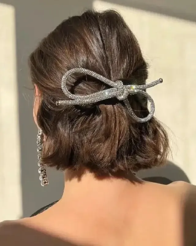 Silver - Sparkling Bow Barette - LadyJuneAccessories sold by Printfresh