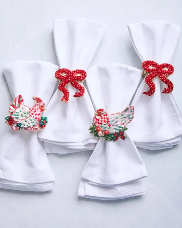 Holiday Hens/Bow - Napkin Ring Set Of 4 - Red Multi sold by Printfresh