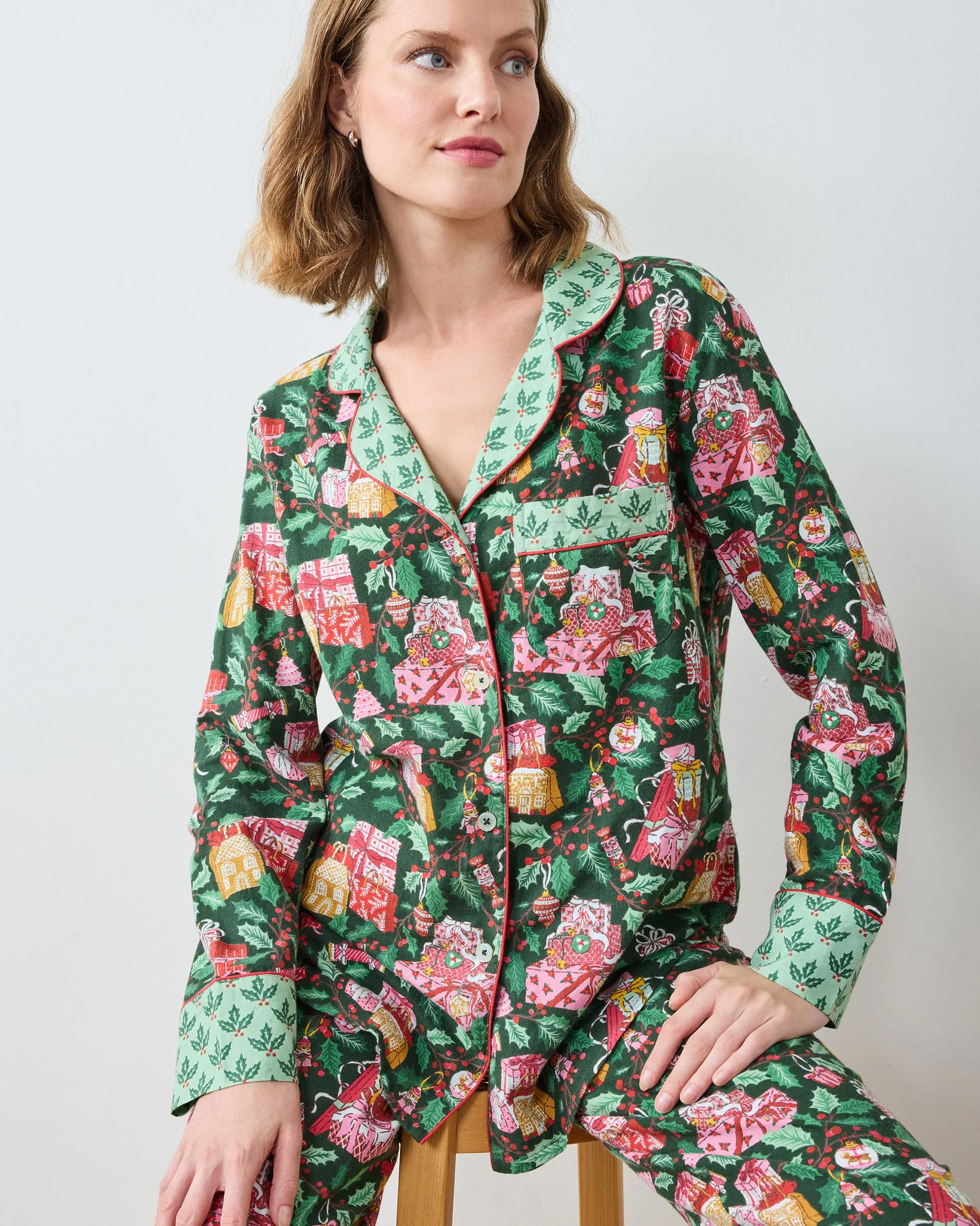 Holly Gifts - Lightweight Flannel Long PJ Set - Garland sold by Printfresh