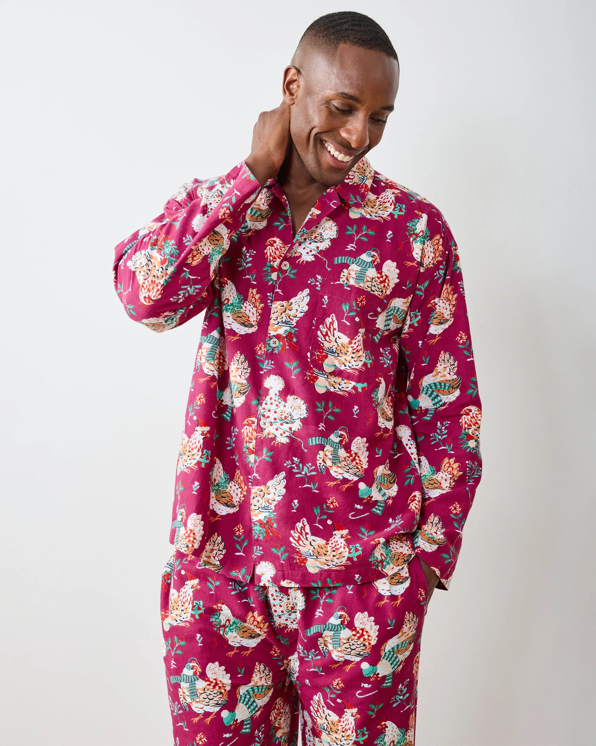 Holiday Hens - Men's Lightweight Flannel Long PJ Set - Burgundy sold by Printfresh