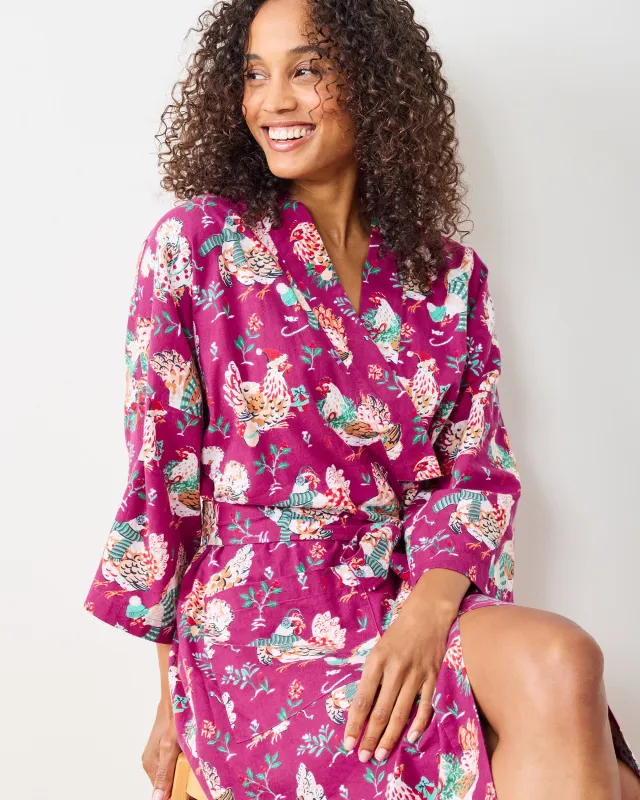 Holiday Hens - Lightweight Flannel Long Robe - Burgundy sold by Printfresh