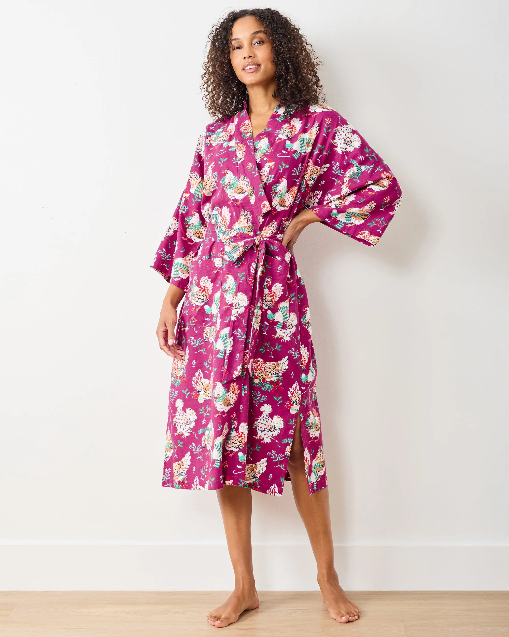 Holiday Hens - Lightweight Flannel Long Robe - Burgundy sold by Printfresh product image thumbnail 2