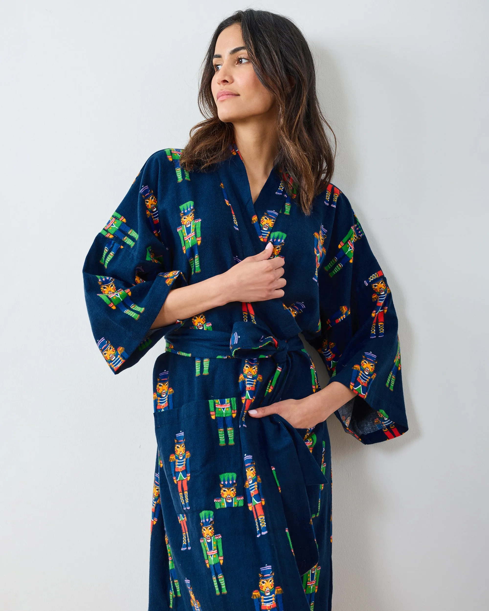 Leopard Nutcrackers - Midweight Flannel Long Robe - Navy sold by Printfresh