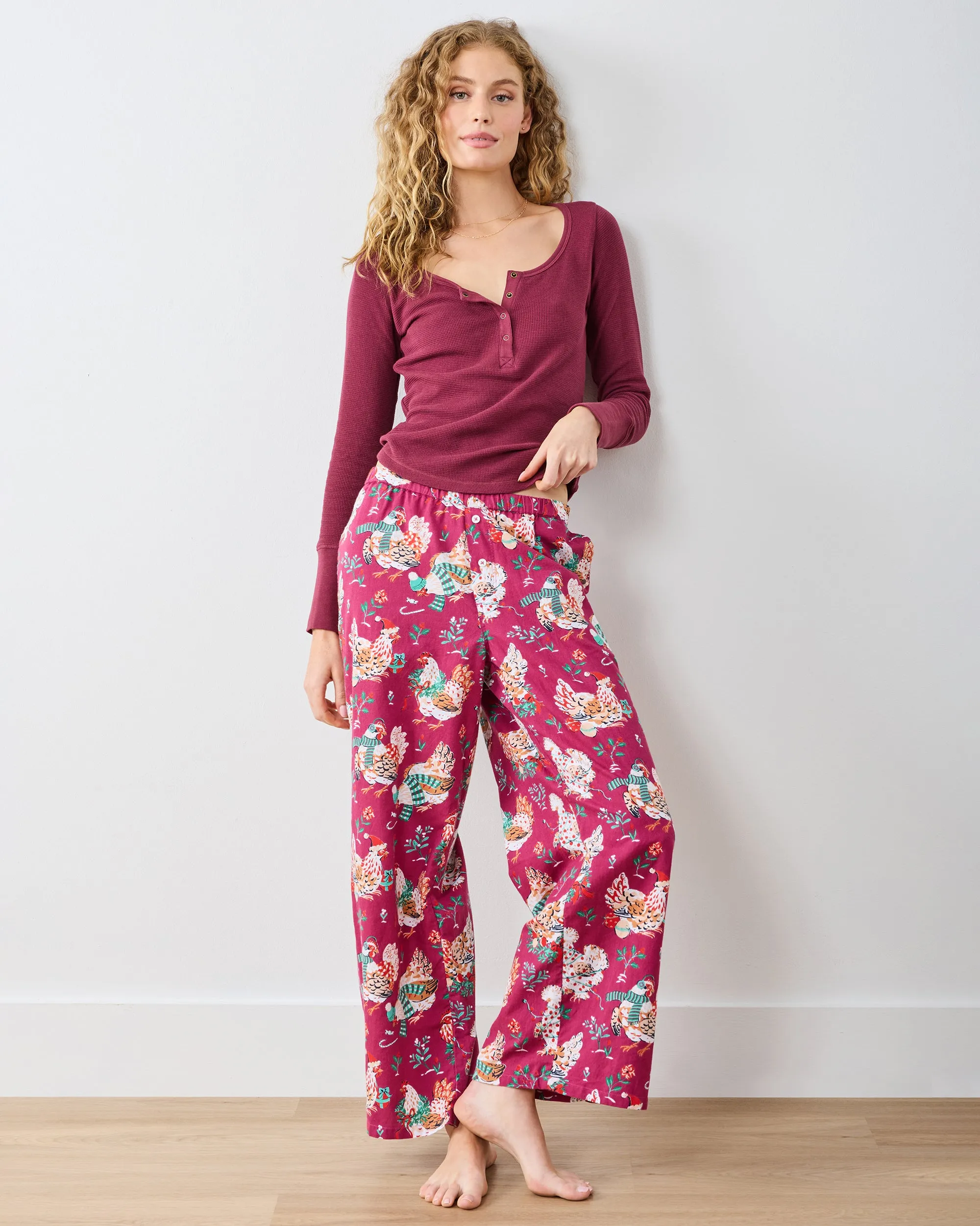 Holiday Hens - Lightweight Flannel Wide Leg PJ Pants - Burgundy sold by Printfresh product image thumbnail 2