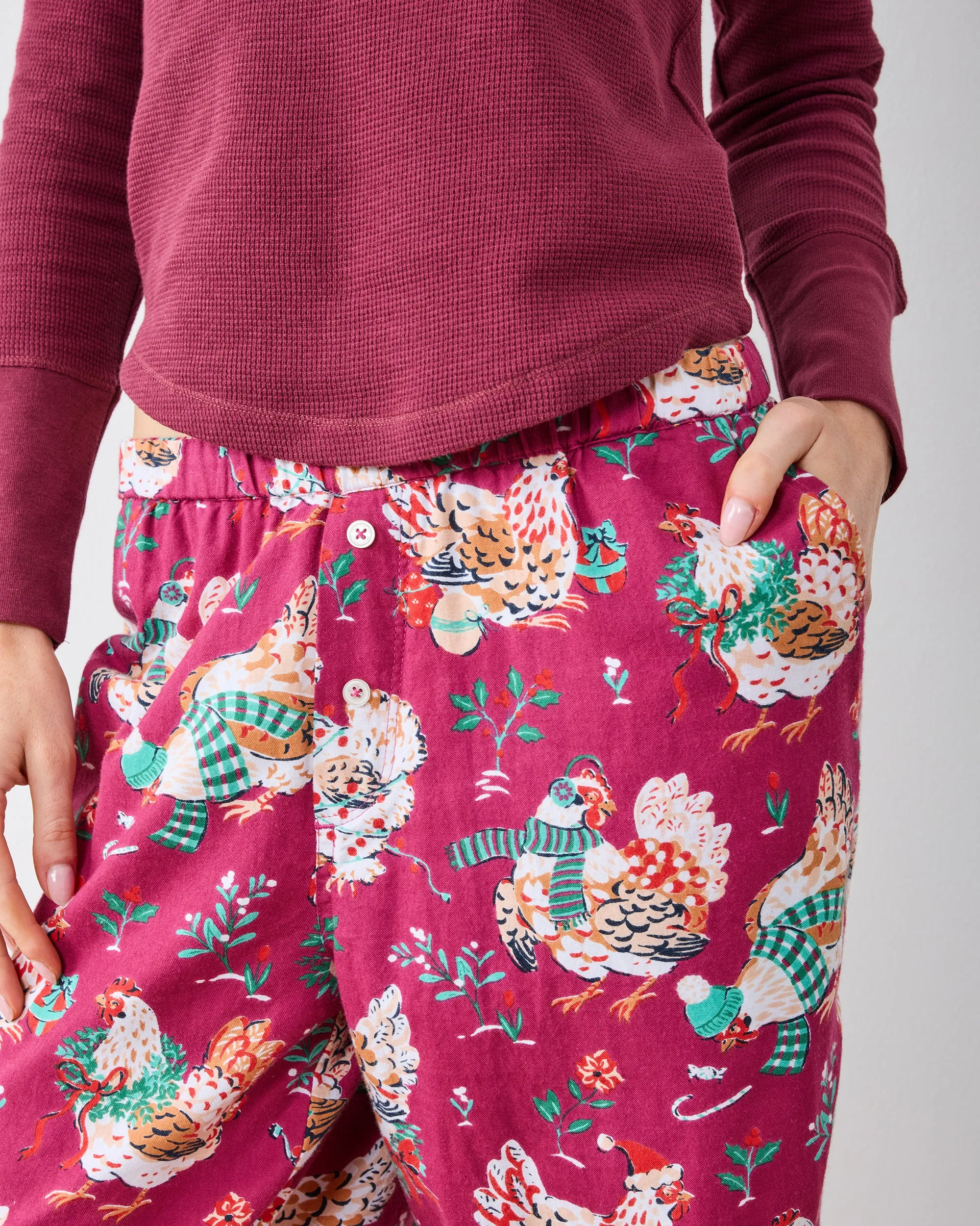 Holiday Hens - Lightweight Flannel Wide Leg PJ Pants - Burgundy sold by Printfresh product image thumbnail 3