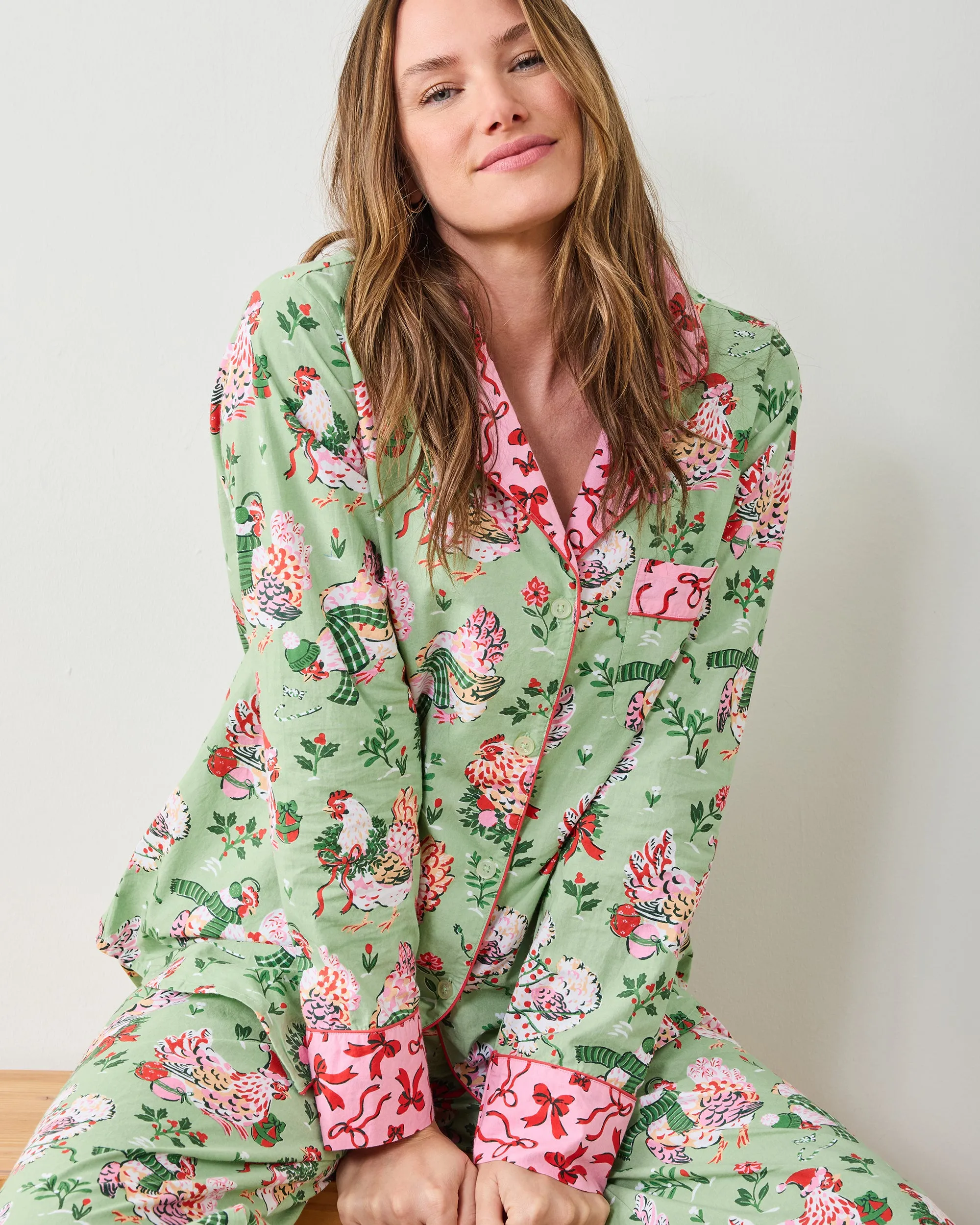 Holiday Hens - Long PJ Set - Sage sold by Printfresh