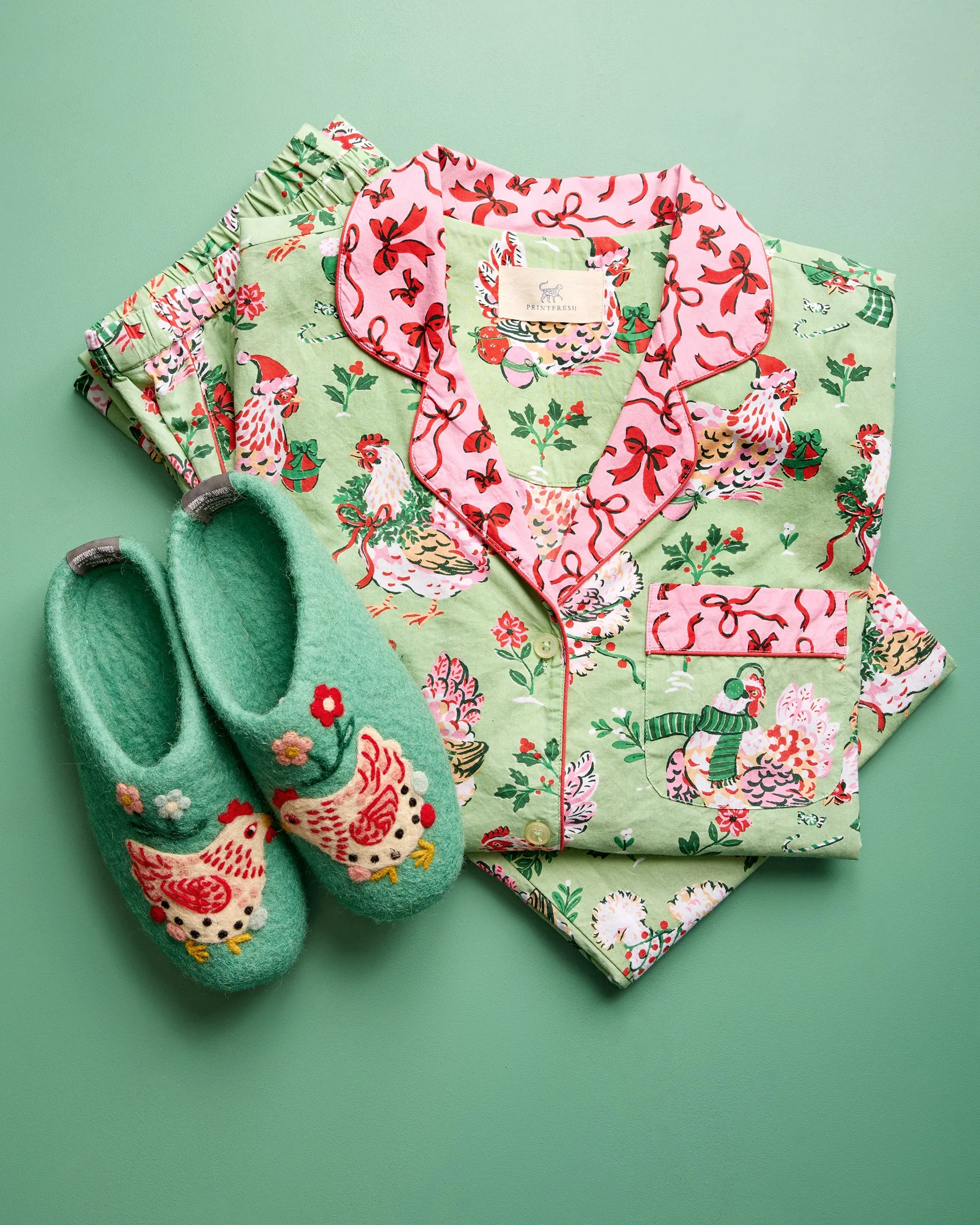 French Knot X PF - Holiday Hens Slipper - Sage sold by Printfresh product image thumbnail 2