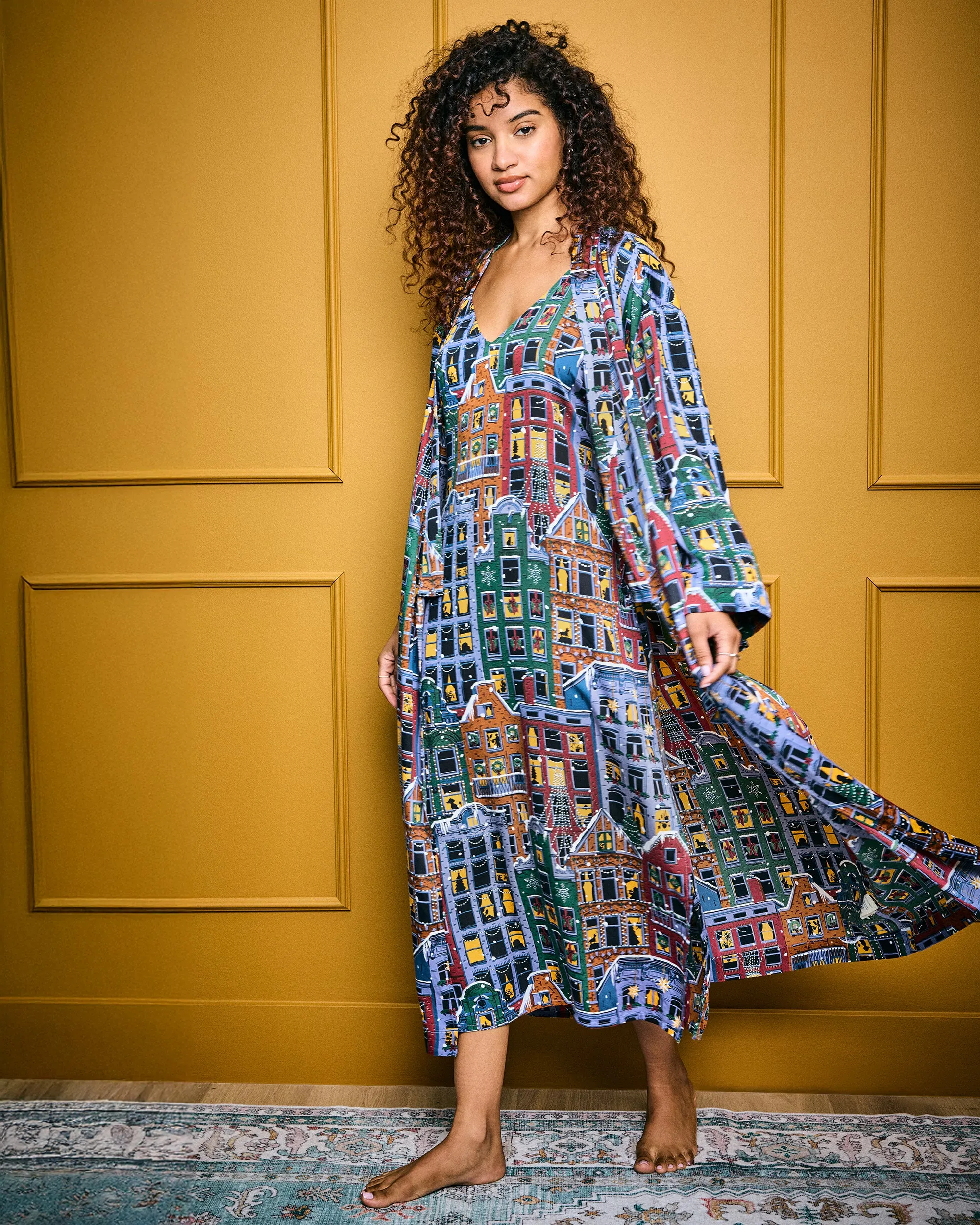 Manhattan Christmas - Eco Satin Joni Robe - Cozy Brownstone sold by Printfresh