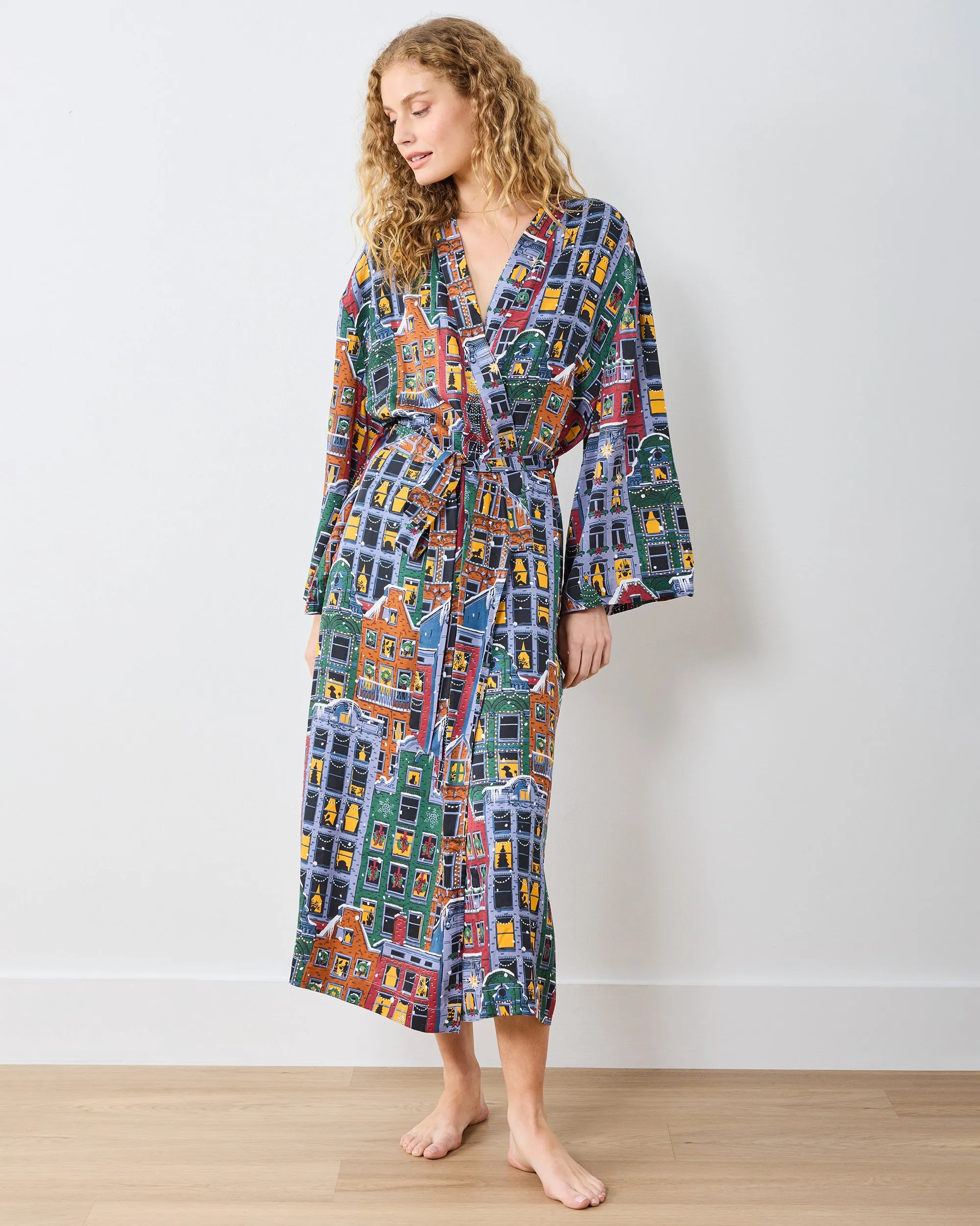 Manhattan Christmas - Eco Satin Joni Robe - Cozy Brownstone sold by Printfresh product image thumbnail 2