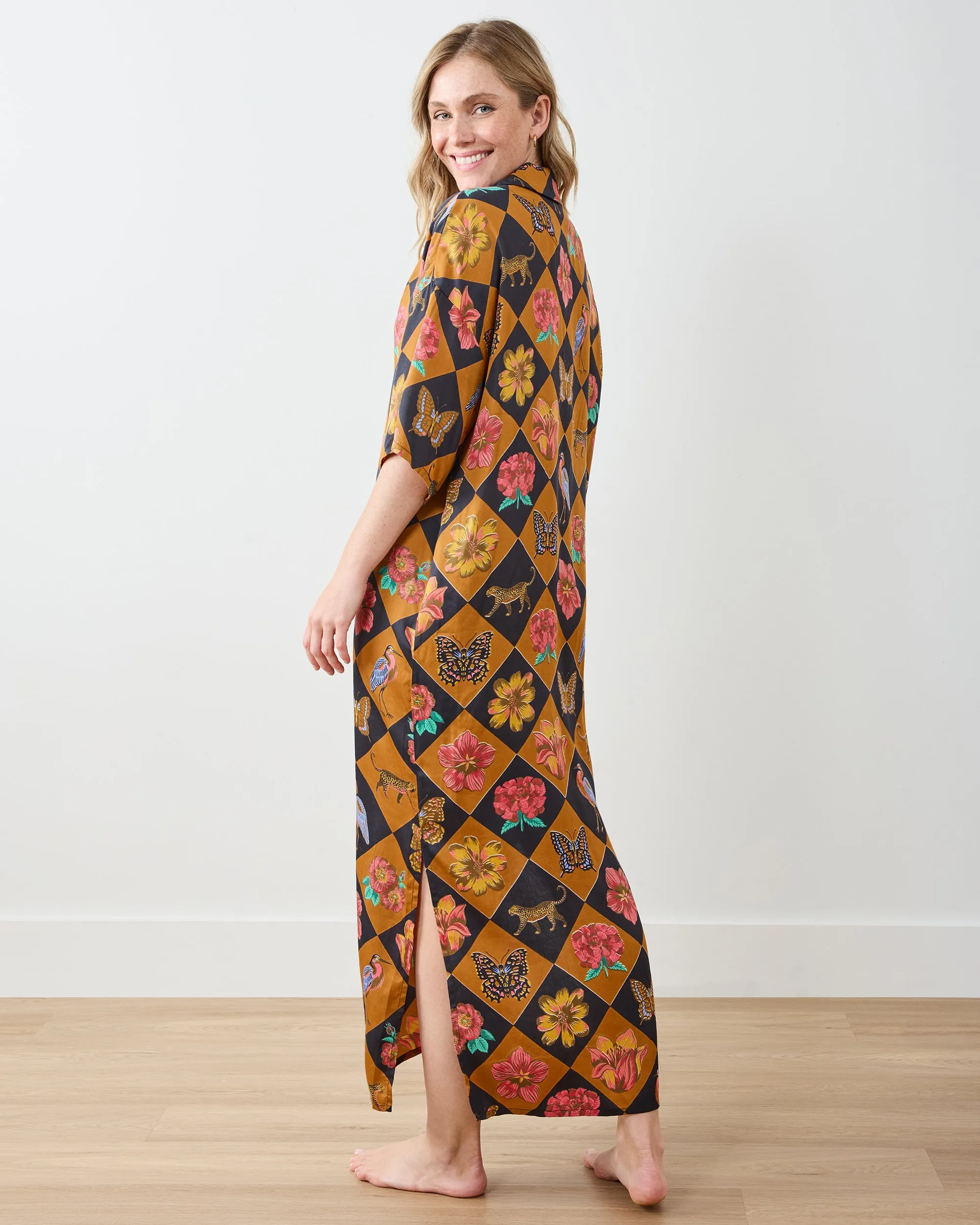 Botanical Checkerboard - Eco Satin Brigitte Nightgown Set - Caramel sold by Printfresh product image thumbnail 4