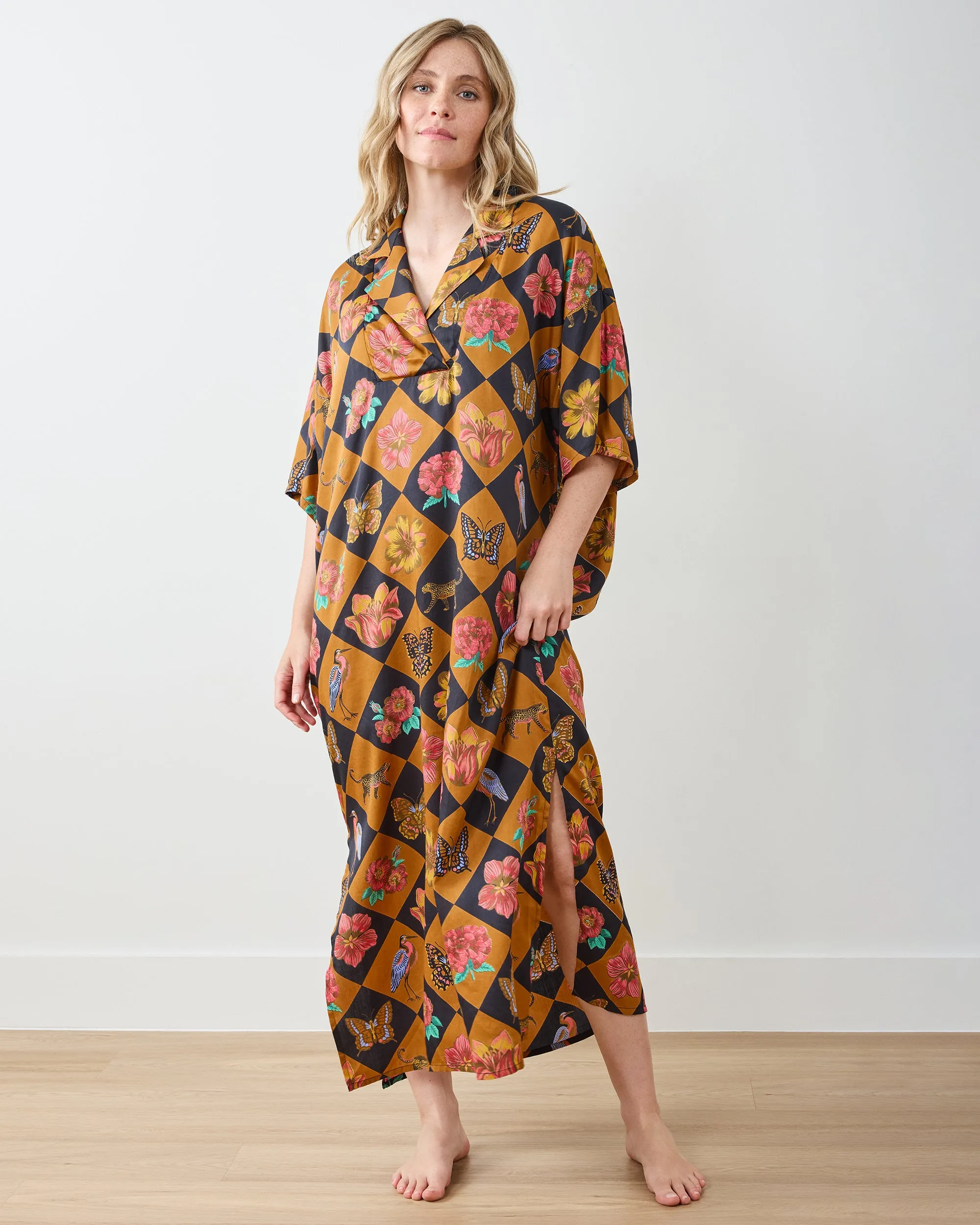 Botanical Checkerboard - Eco Satin Brigitte Nightgown Set - Caramel sold by Printfresh product image thumbnail 2