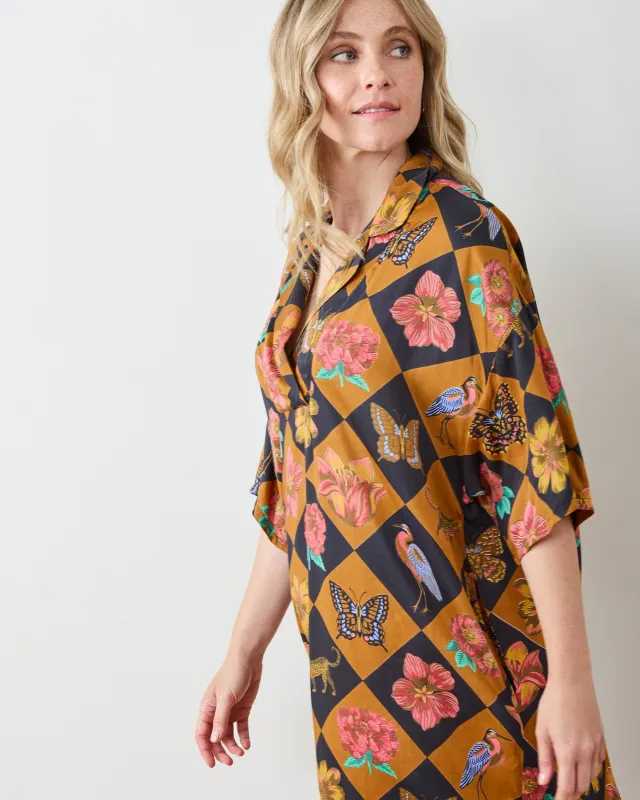 Botanical Checkerboard - Eco Satin Brigitte Nightgown Set - Caramel sold by Printfresh