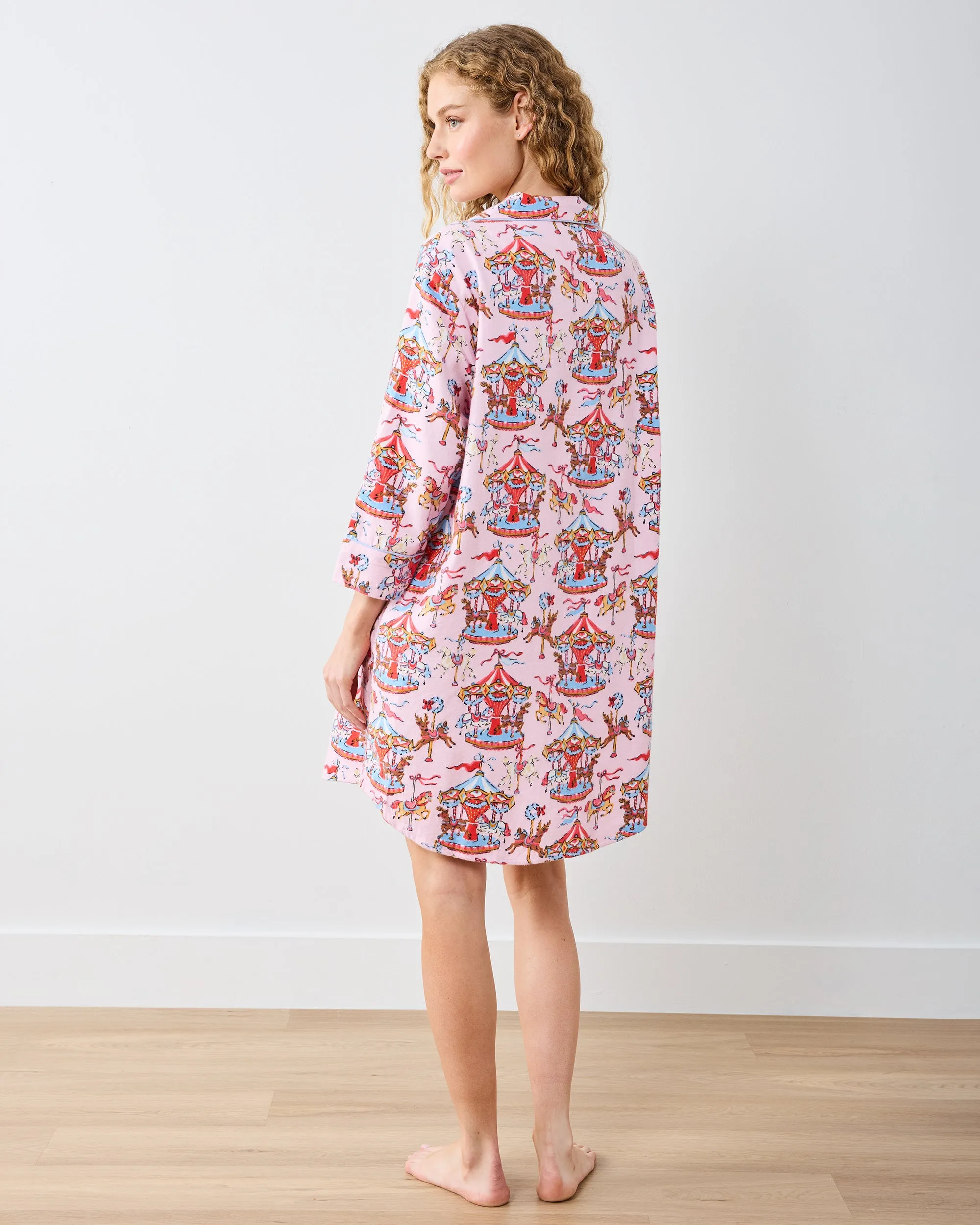 Christmas Carousel - Midweight Flannel Sleep Shirt - Pink Garland sold by Printfresh product image thumbnail 5