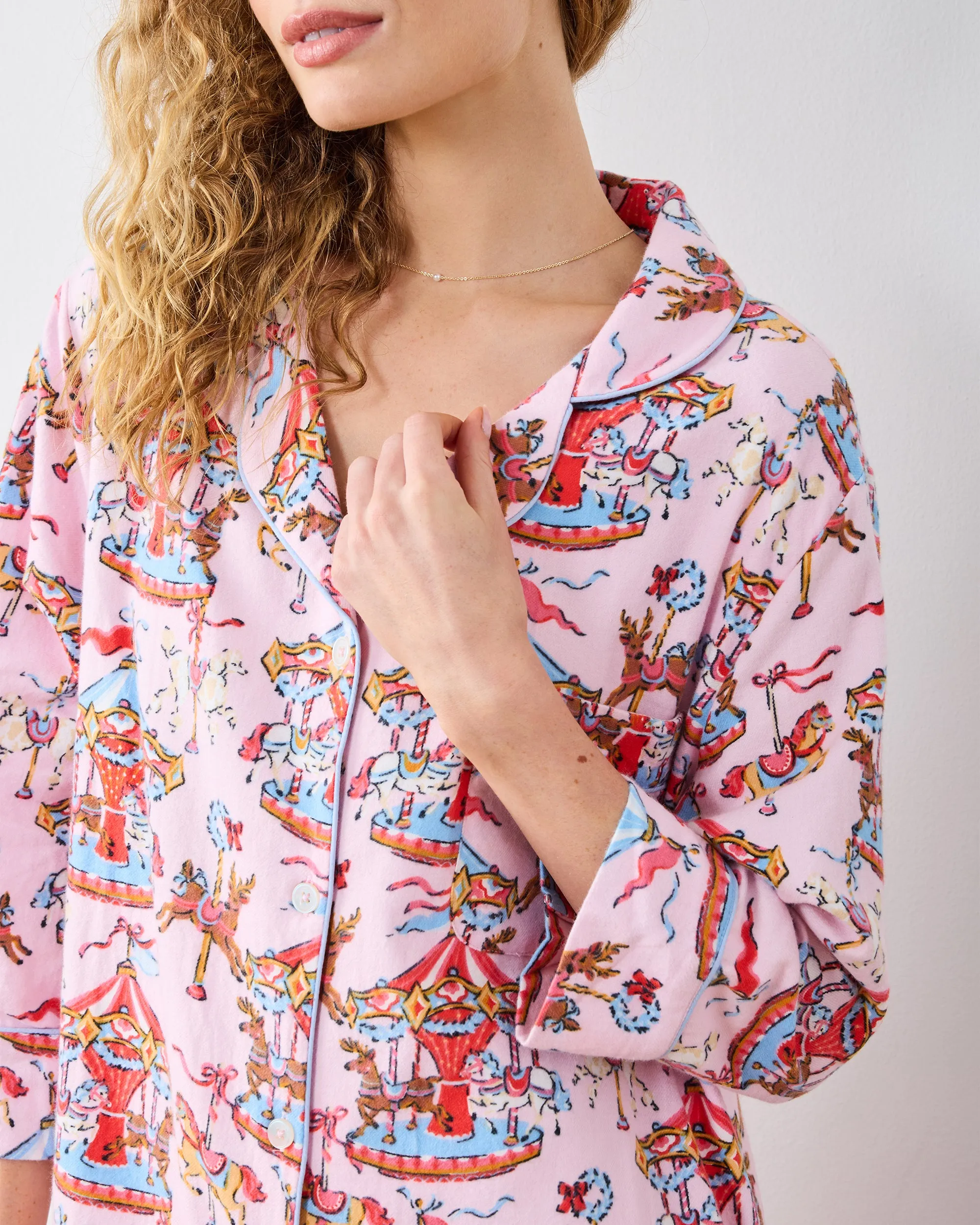 Christmas Carousel - Midweight Flannel Sleep Shirt - Pink Garland sold by Printfresh product image thumbnail 4