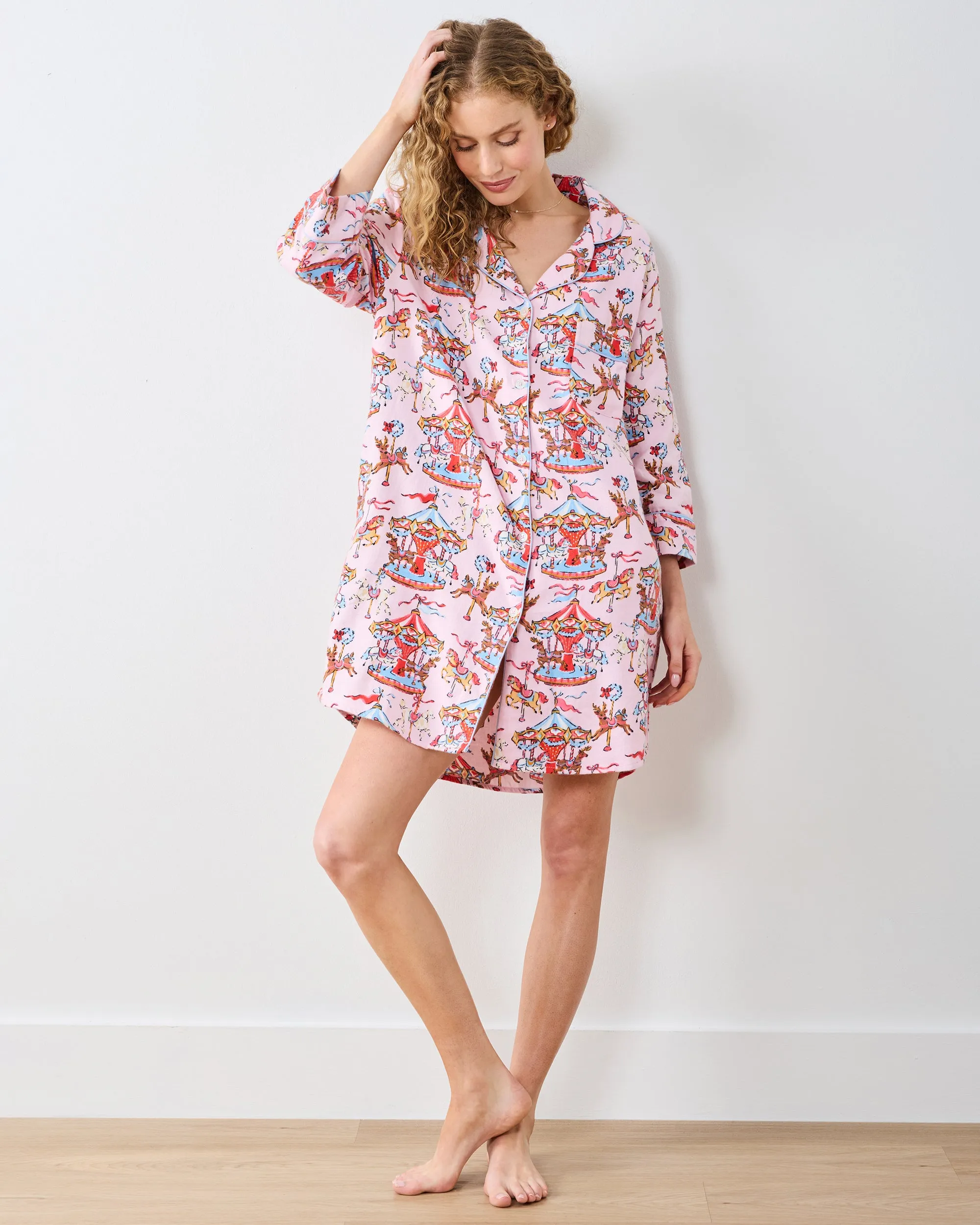 Christmas Carousel - Midweight Flannel Sleep Shirt - Pink Garland sold by Printfresh