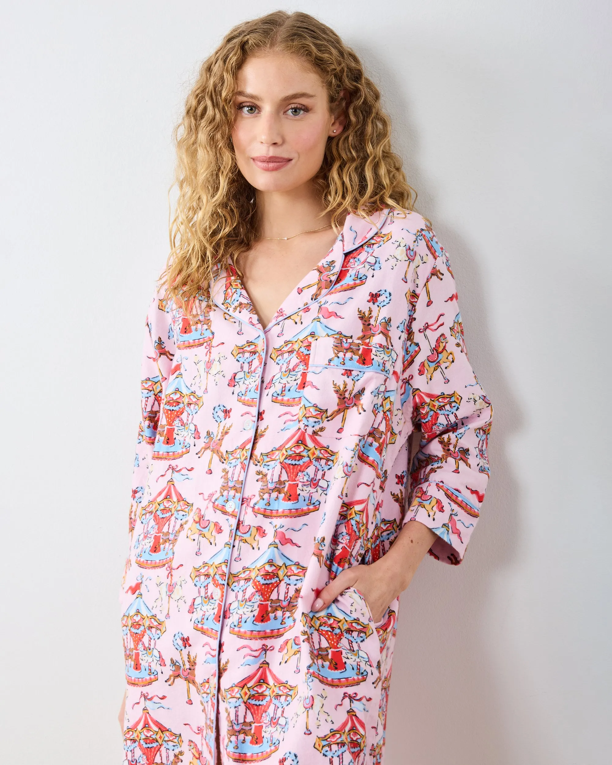 Christmas Carousel - Midweight Flannel Sleep Shirt - Pink Garland sold by Printfresh product image thumbnail 3