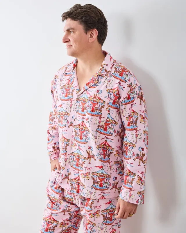 Christmas Carousel - Men's Midweight Flannel Long PJ Set - Pink Garland sold by Printfresh